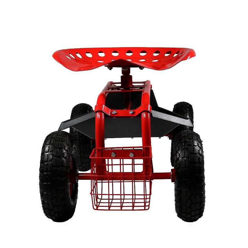 Rolling Shop Cart with Work Seat, Basket and Tray - Red - Sunnydaze Decor