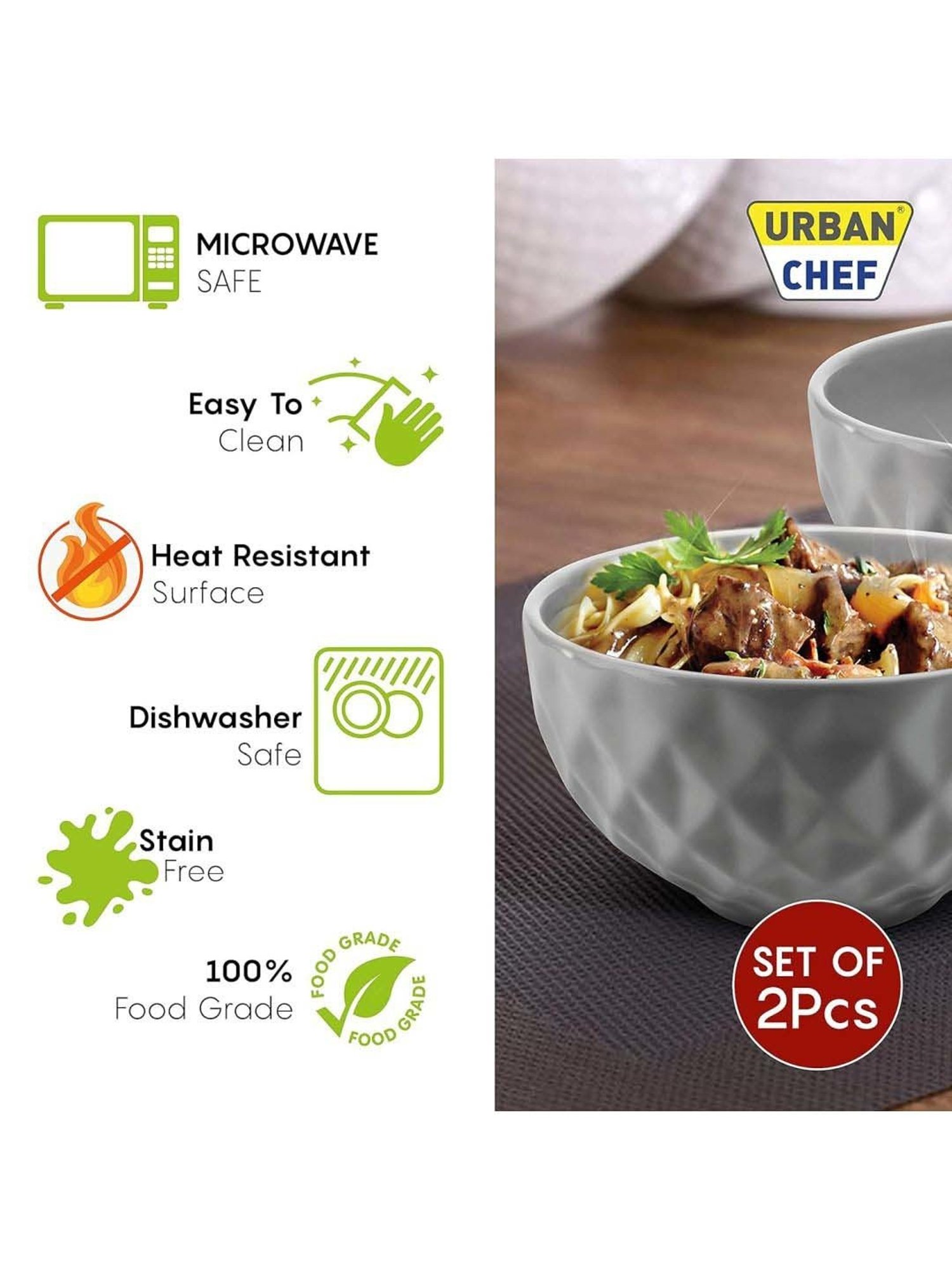 Urban Chef Grey Ceramic Handcrafted Microwave Safe Bowl (0.5 L) - Set of 2