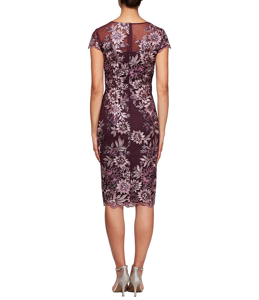 Alex Evenings Petite Size Floral Embroidered Cap Sleeve Sheath Midi Dress