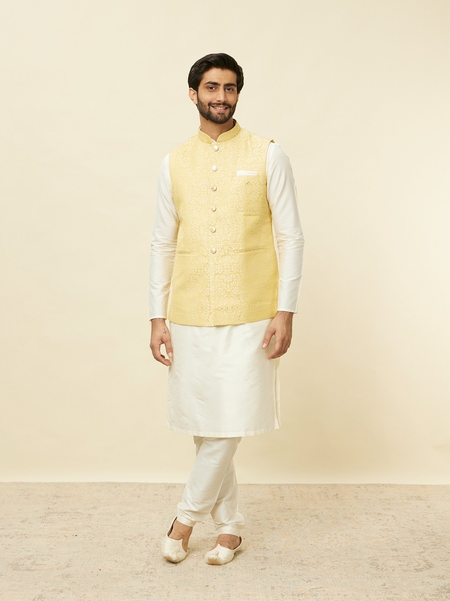 Manyavar Yellow Regular Fit Self Pattern Nehru Jacket