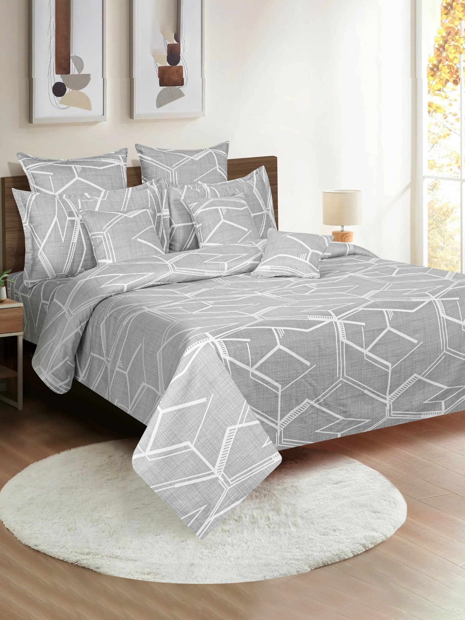 Swayam Dona Abstract Grey 250 TC Cotton King Fitted Fitted Bedsheet with 2 Pillow Covers
