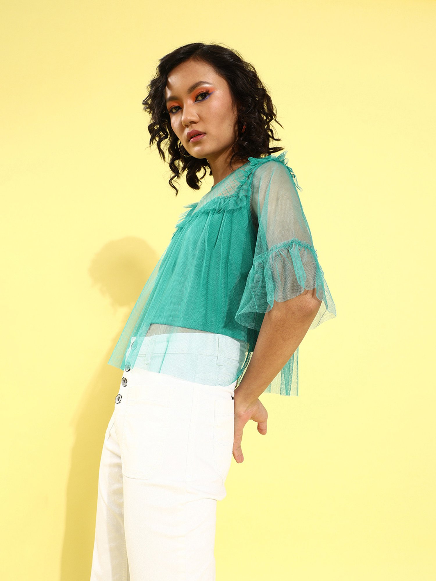 KASSUALLY Green Lace Crop Top