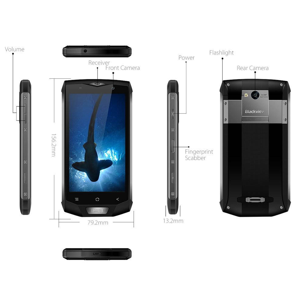 Blackview BV8000 Pro Unlocked International Rugged IP68 Waterproof Dual Sim 6GB Ram 64GB Rom 8.0MP+16.0MP DUAL Samsung Camera 5.0" FHD Android7.0 4180mAh  Battery 9V 2A Fingerprint GPS 4G+ Smartphone