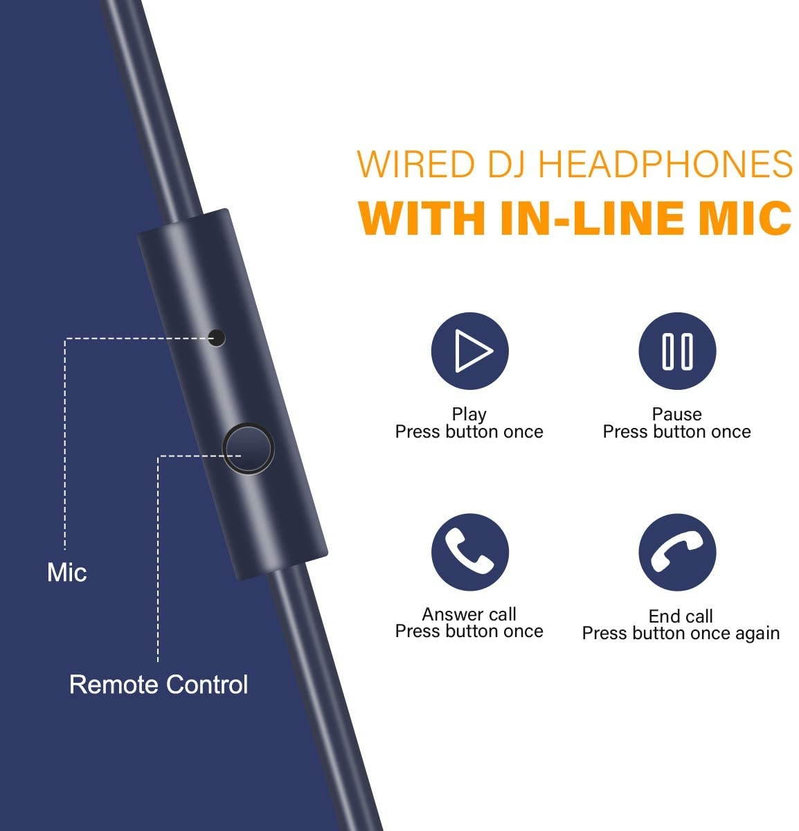 OneOdio Over Ear Headphone Wired Bass Headsets with 50mm Driver Foldable Lightweight Headphones with Share Port and Mic for Recording Monitoring Mixing Podcast Guitar PC TV (Dark Blue)