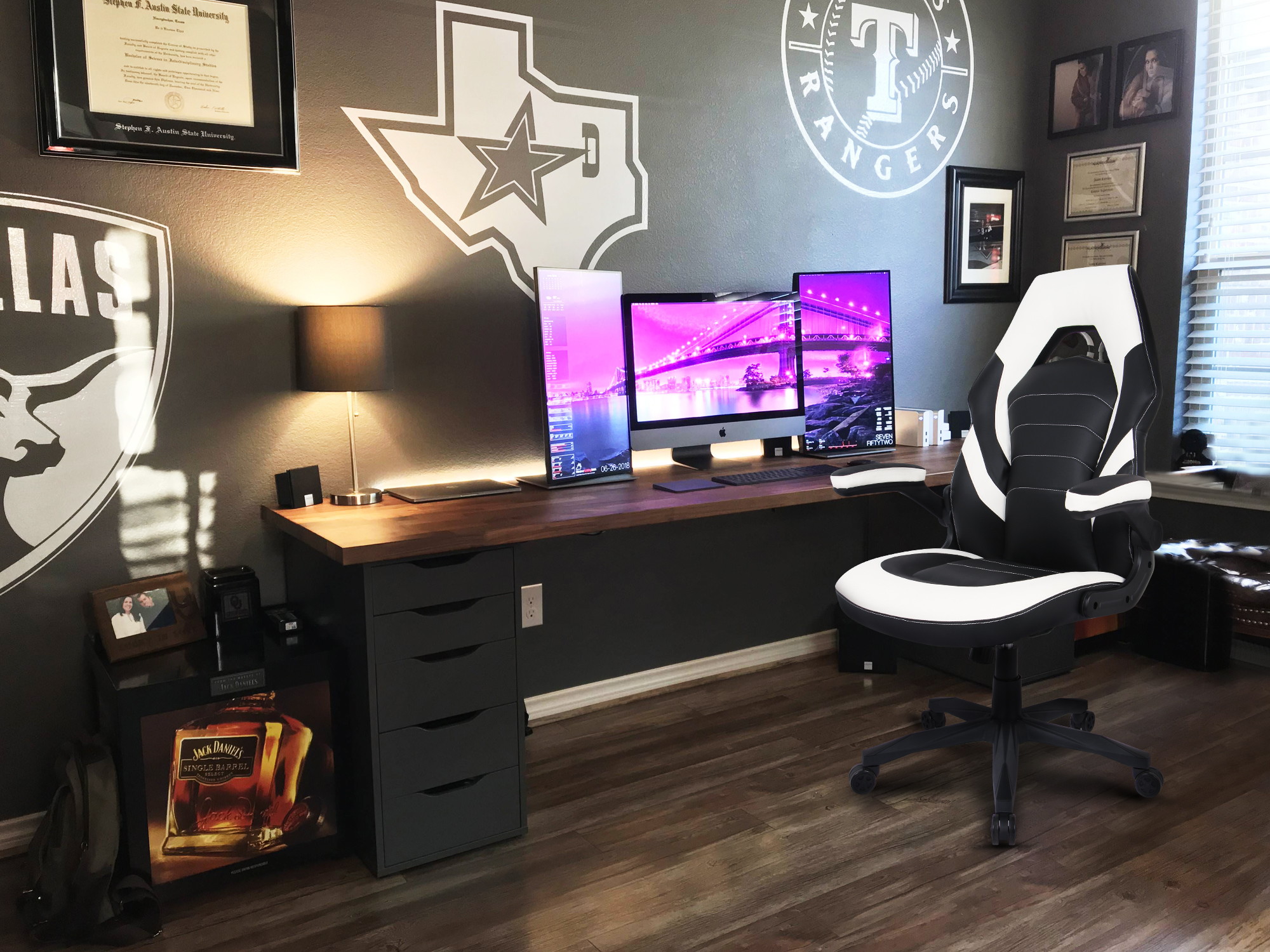 RIMIKING Bonded Leather Racing Ergonomic Gaming Chair Executive Computer Desk Office Chair with Height Adjustable 360&deg;Swivel Flip-up Arms Lumbar Support