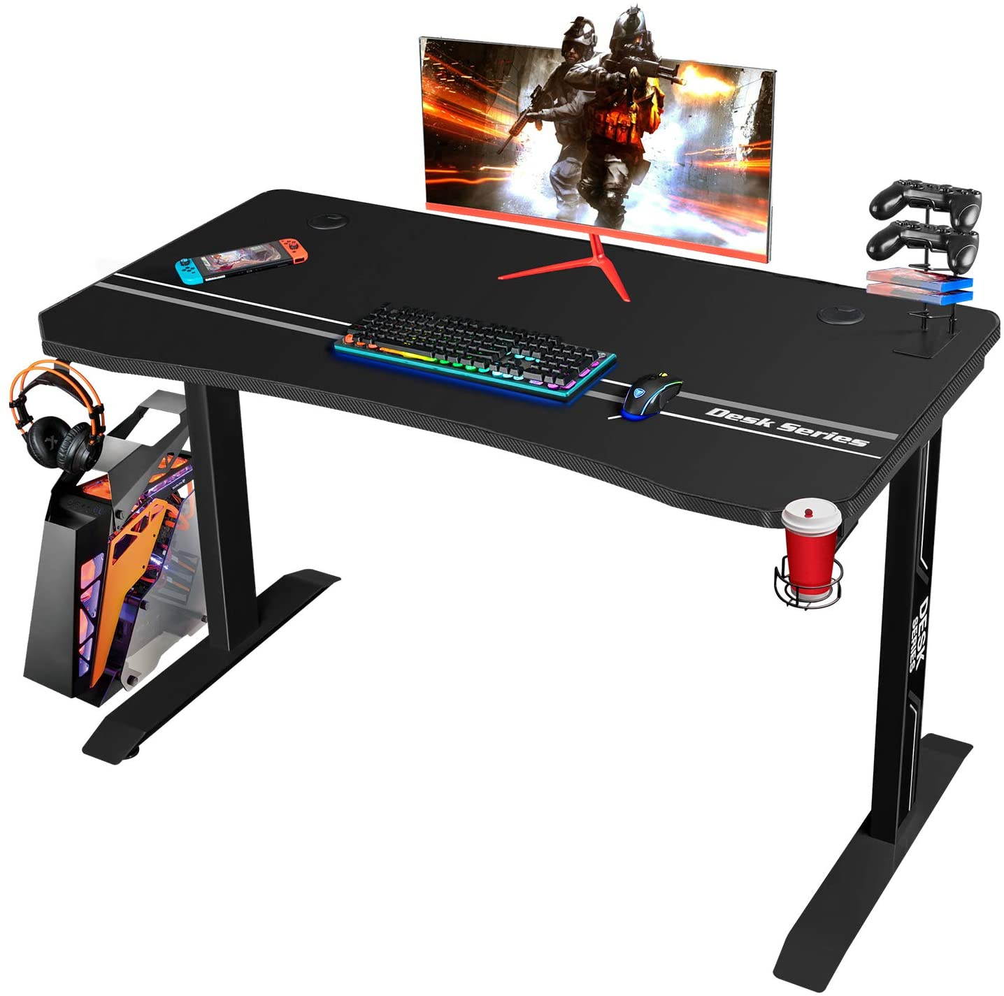 Furmax 43 Inch Gaming Desk T-Shaped PC Computer Table, Home Office Desk Carbon Fiber Surface Workstation with Free Full Coverage Mouse Pad, Cup Holder and Headphone Hook (Black)