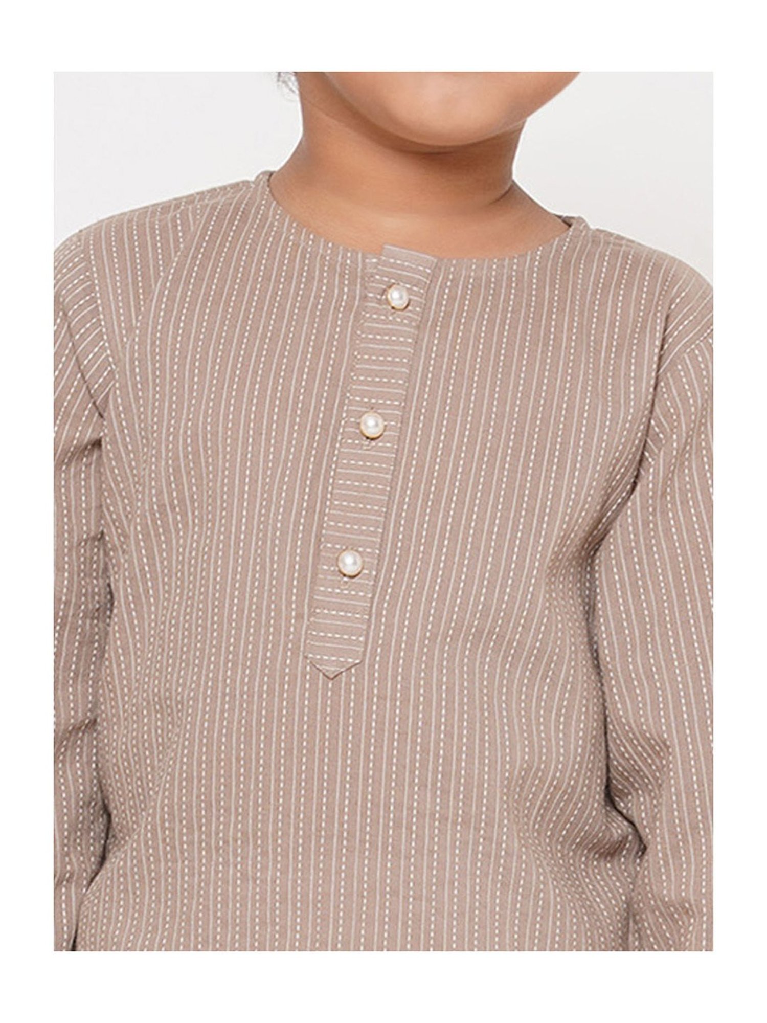 Little Bansi Kids Light Brown & White Striped Full Sleeves Kurta with Dhoti