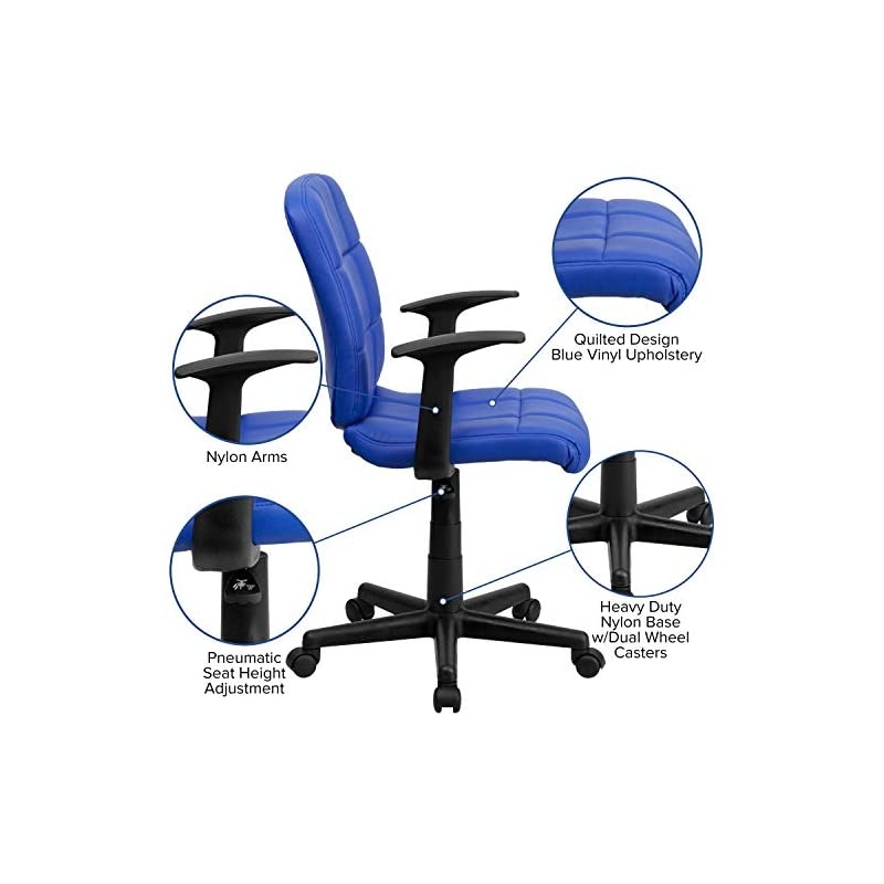 Mid-Back Blue Quilted Vinyl Swivel Task Office Chair with Arms