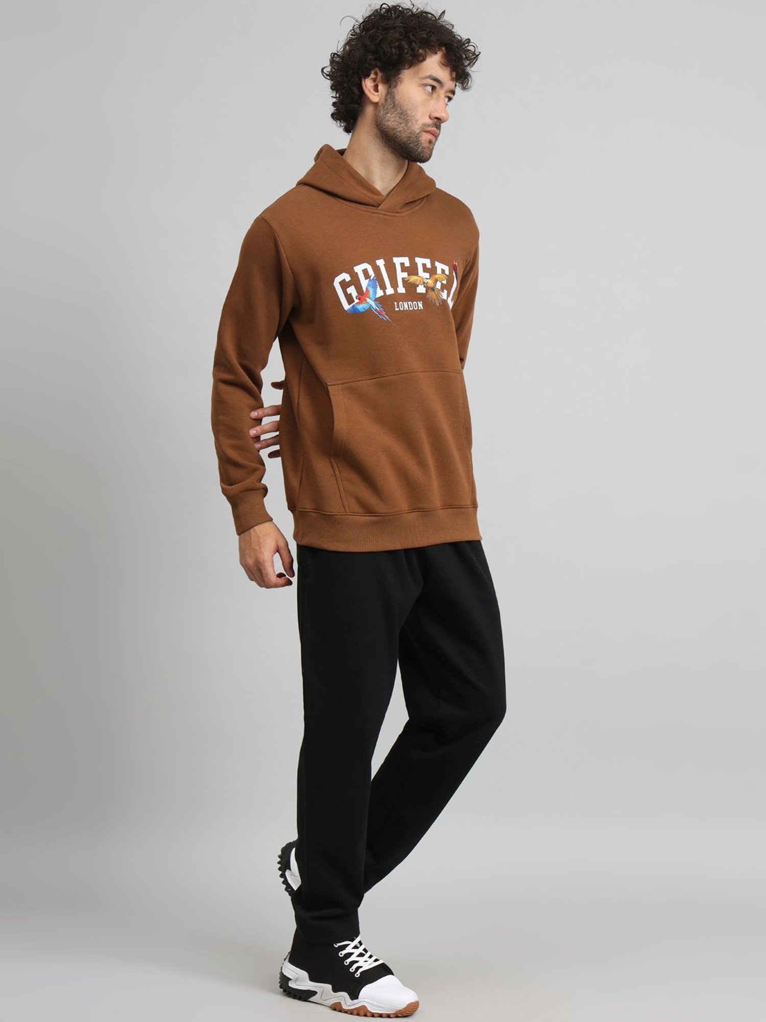 GRIFFEL Brown & Black Regular Fit Printed Hooded Sweatshirt & Trackpants Set