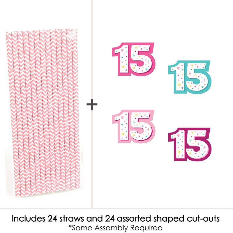 Big Dot of Happiness Girl 15th Birthday - Paper Straw Decor - Teen Birthday Party Striped Decorative Straws - Set of 24