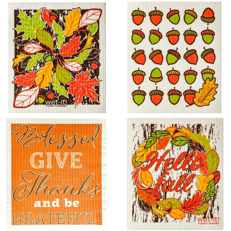 Swedish Dish Cloth 7.75" Thanksgiving Fall Set / 4 Dishcloth Kitchen Clean Up  -  Dish Cloth