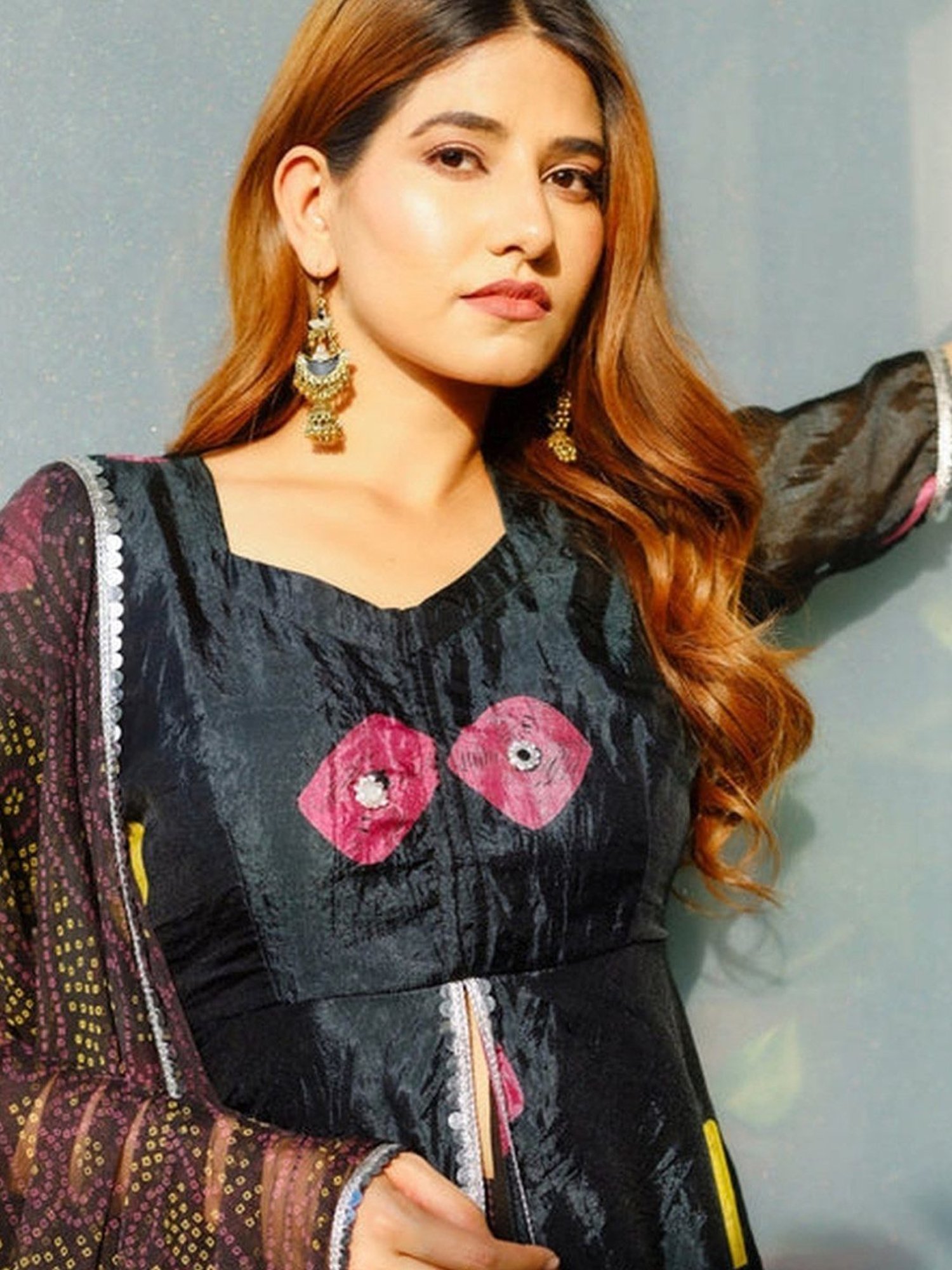 Thread and Button Black Terk Bandhej Kurta and Palazzo with Dupatta