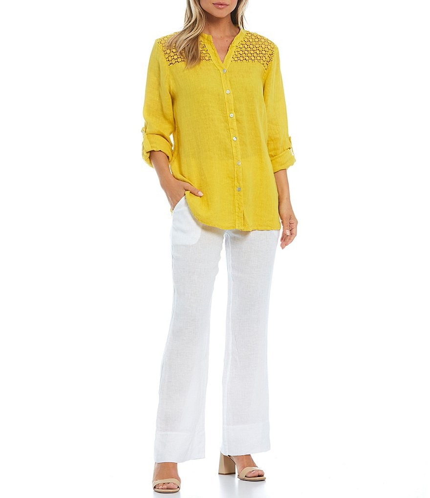 M Made in Italy Roll Tab Crochet Trim Button Front Top