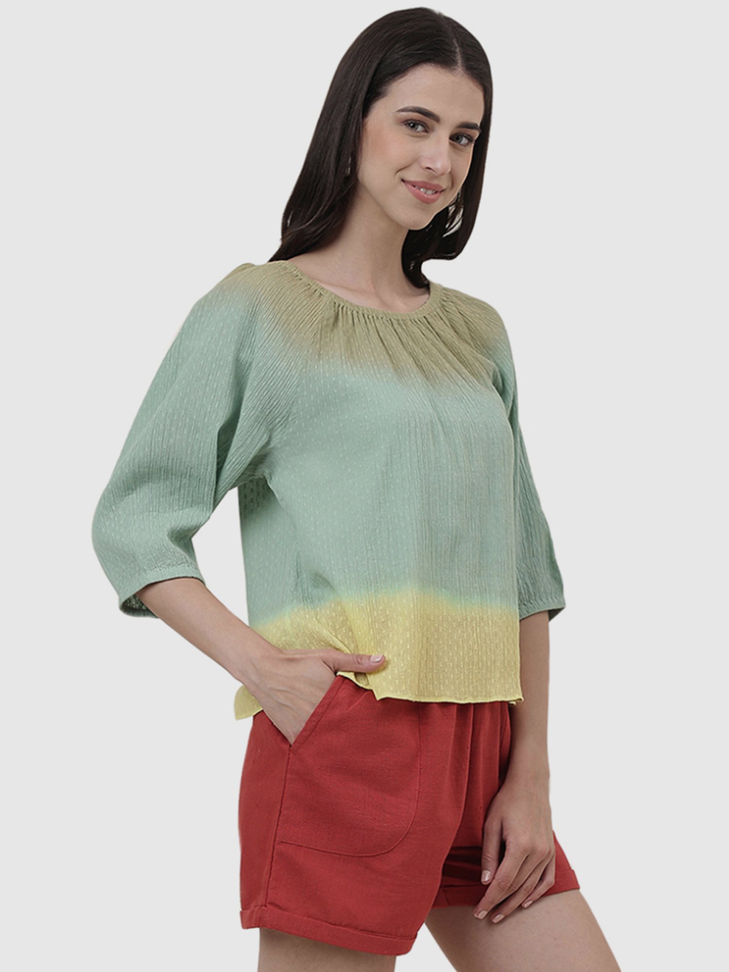 Fabindia Green & Yellow Cotton Tie & Dye Top