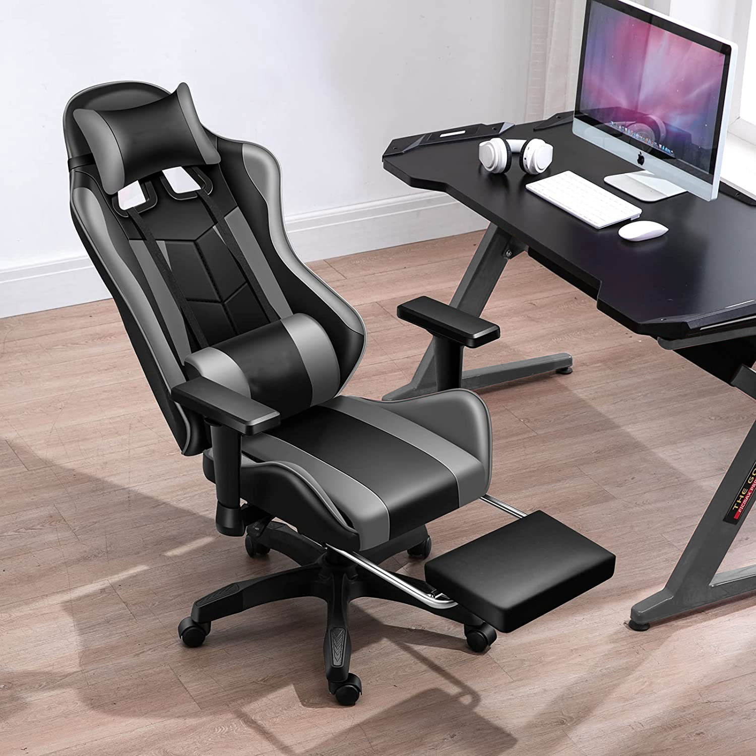 Weekan Gaming Chair Pu Leather Ergonomic Desk Racing Chair Height Adjustable Office Recliner With Removable Headrest Pillow and Massage Lumbar Cushion,Gray
