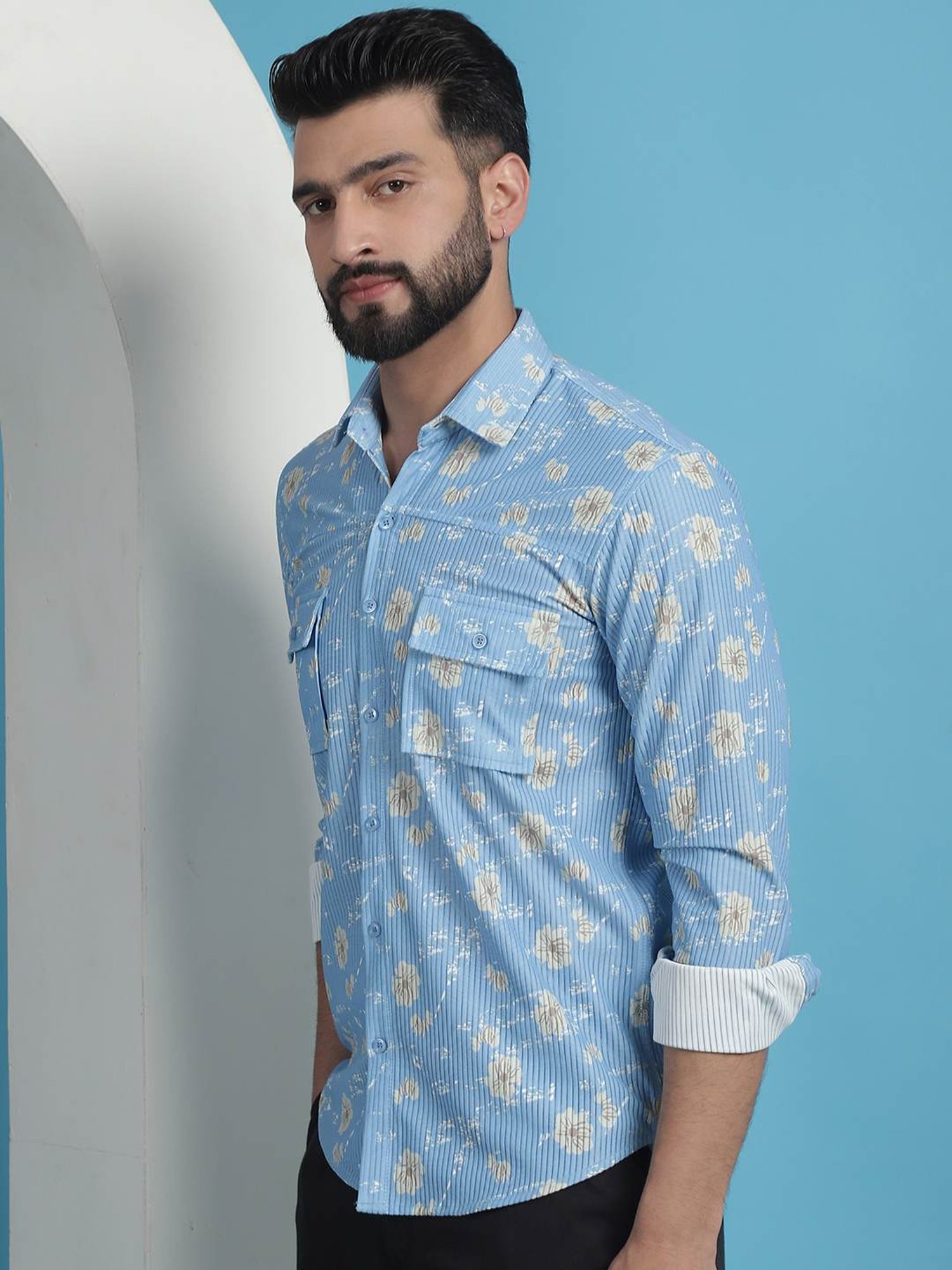 Indian Needle Blue Cotton Regular Fit Printed Shirt