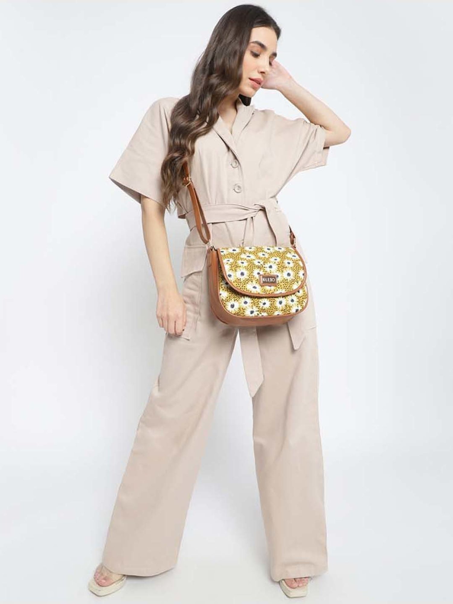 KLEIO Yellow Printed Medium Sling Handbag