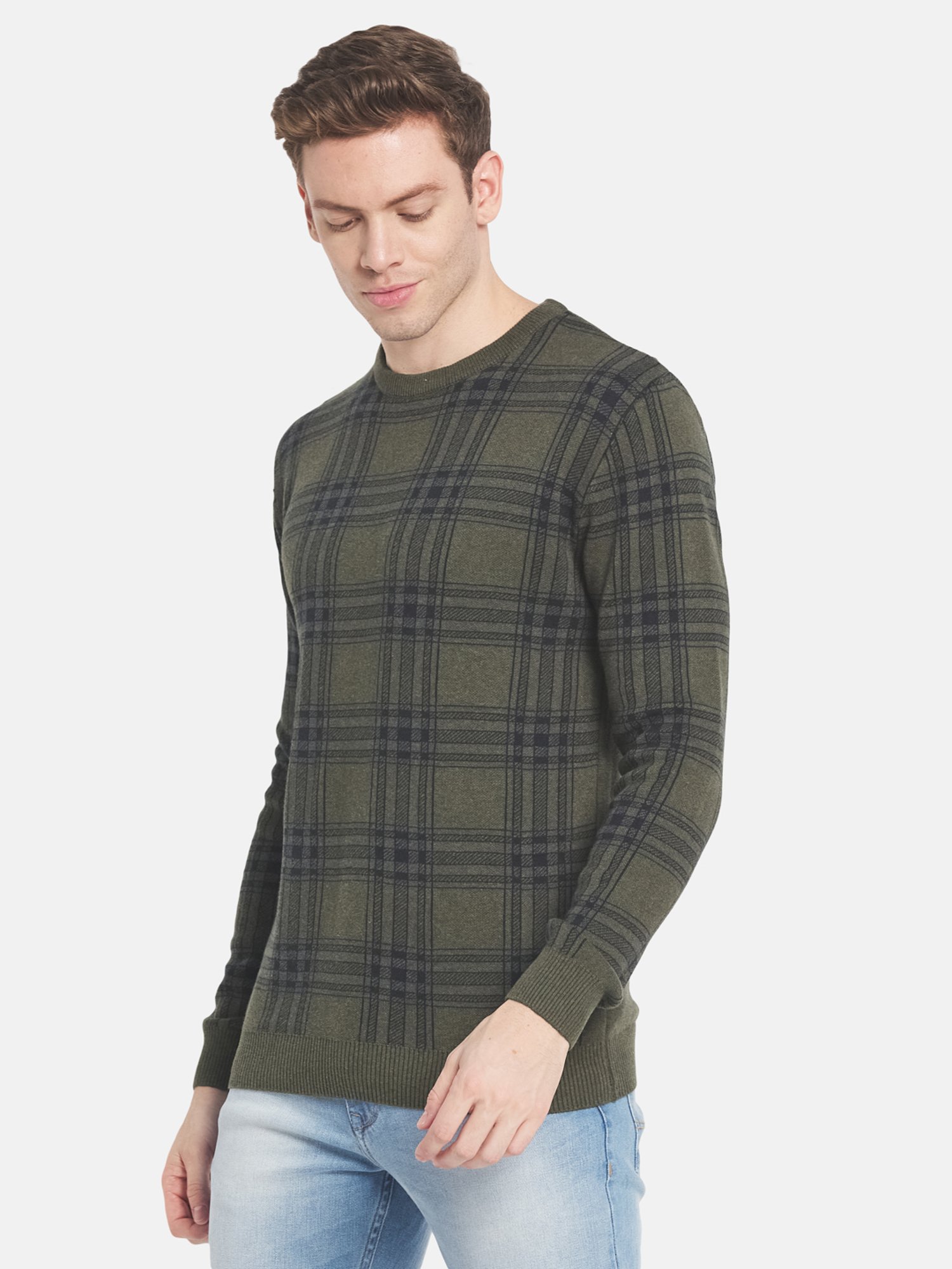 Mettle Olive Cotton Regular Fit Checks Sweater