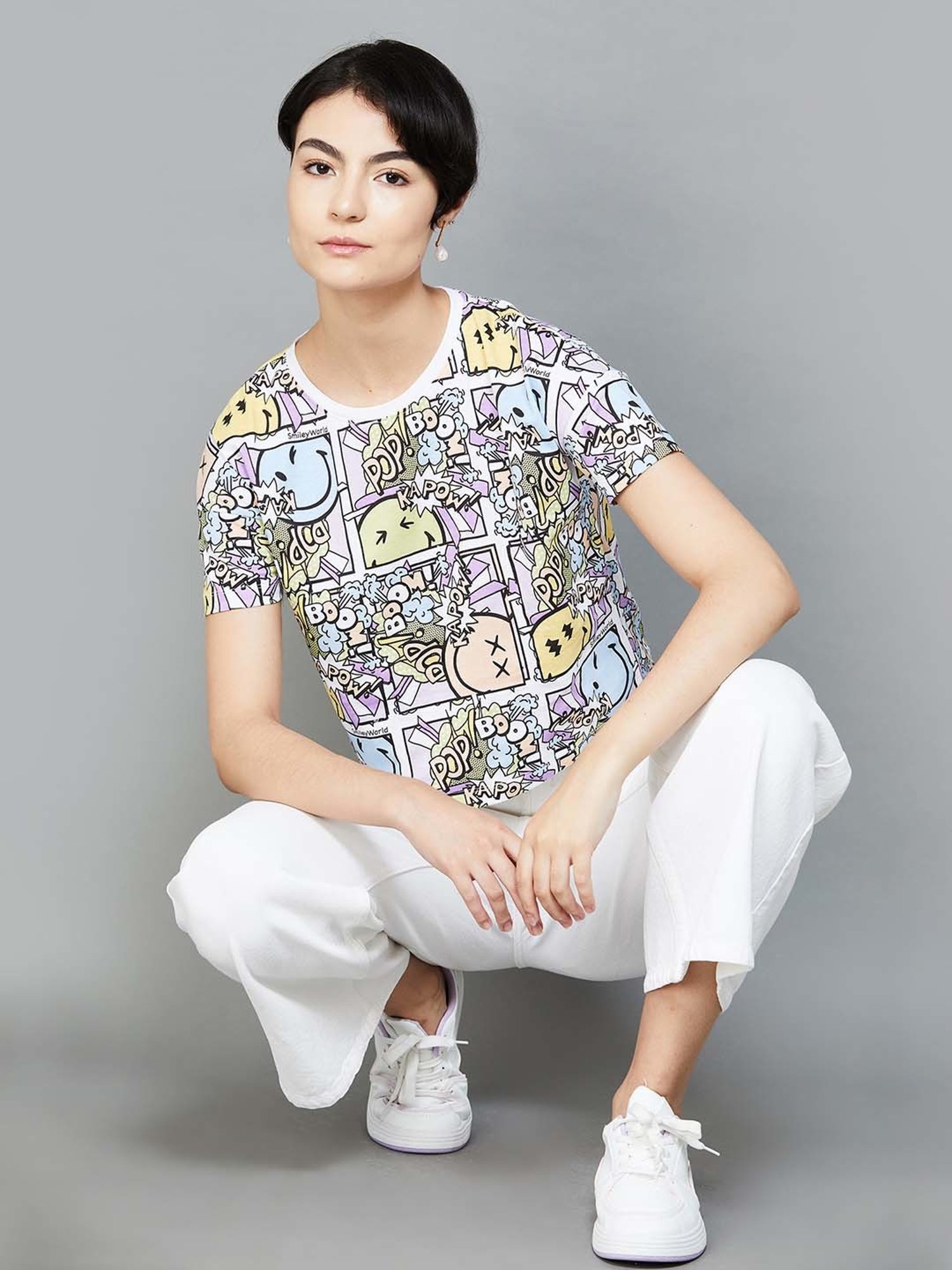 SmileyWorld Multicolored Cotton Printed Crop T-Shirt