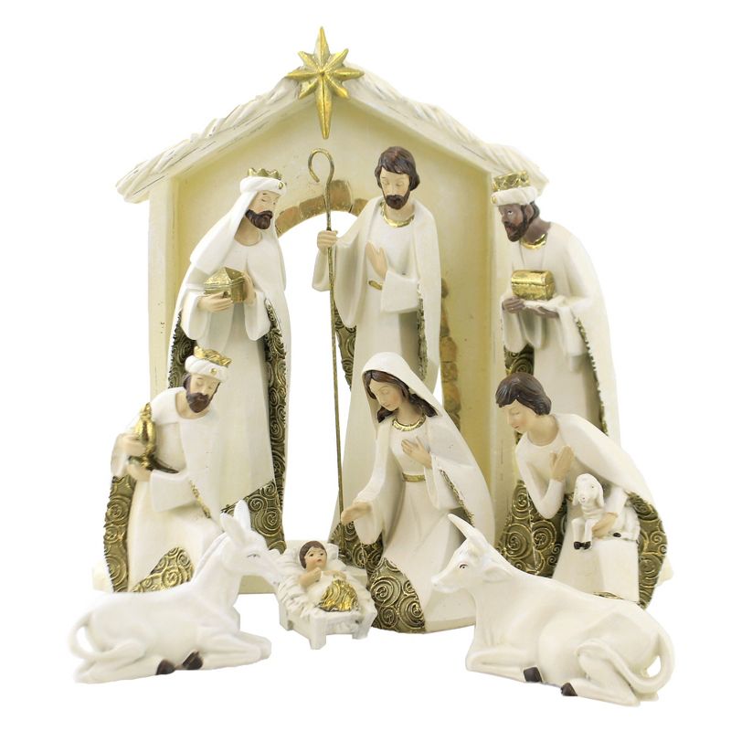 Christmas 10.75" Gold & Cream Nativity 10 Set Baby Jesus Mary Joseph Stable  -  Decorative Figurines