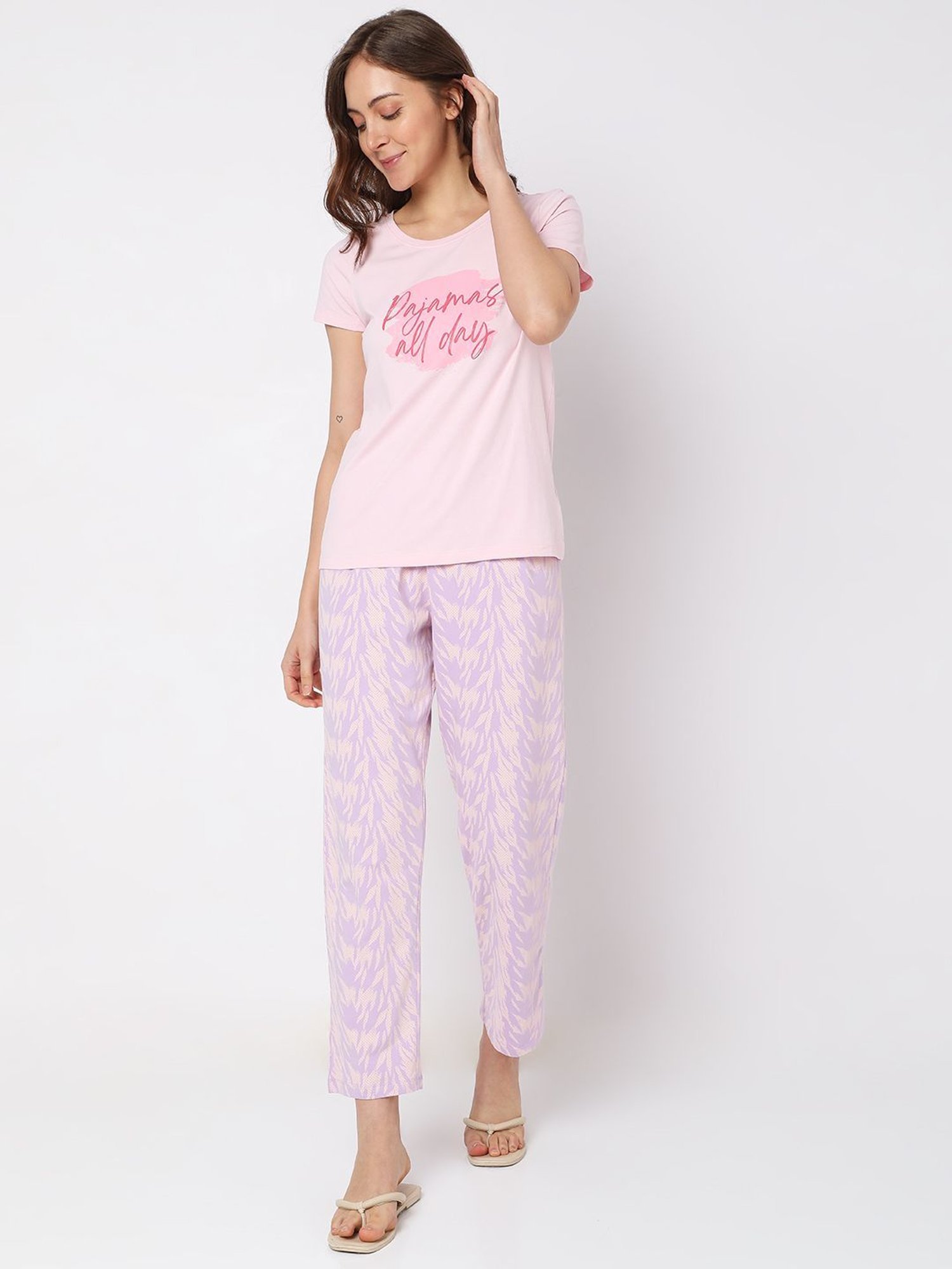 Vero Moda Intimates Pink Cotton Graphic Print T-Shirt With Pyjamas