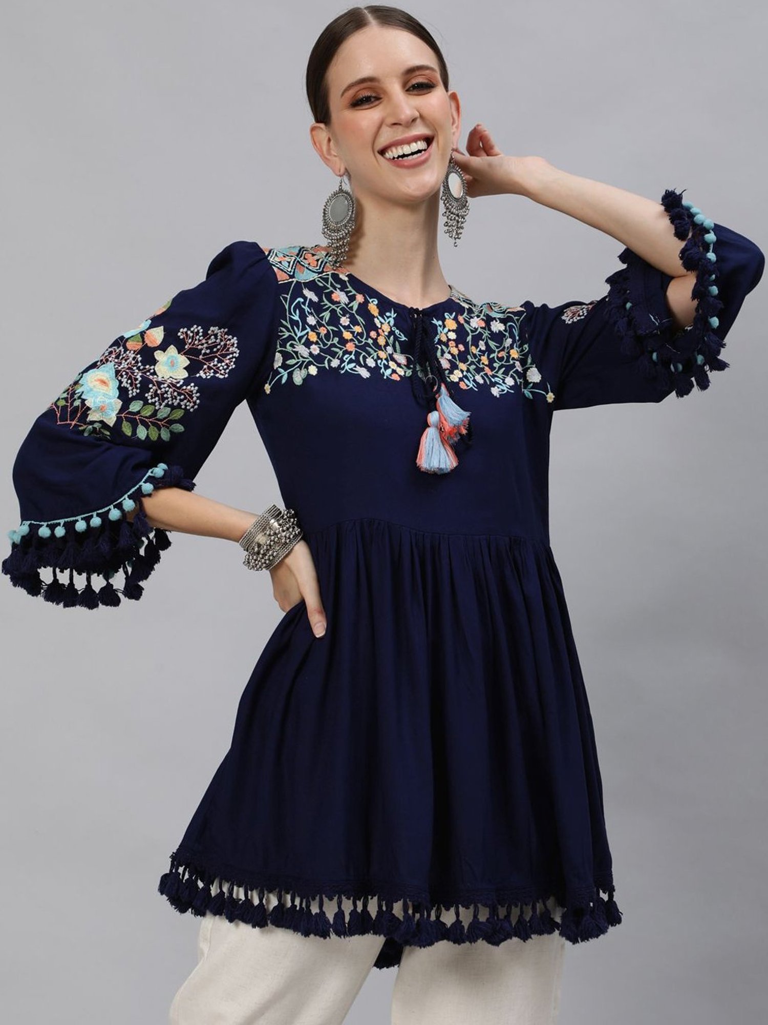 Ishin Navy Embroidered Tunic