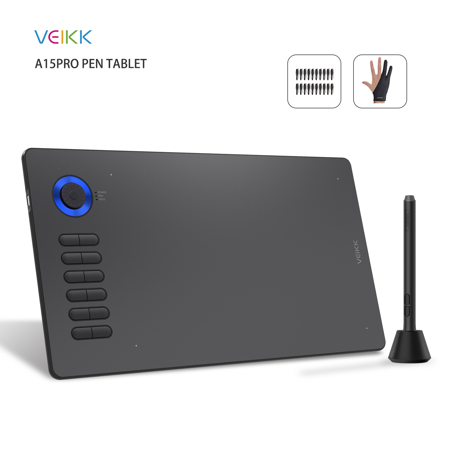 VEIKK A15 Pro Graphics Drawing Tablet 10 x 6 inch Digital Drawing Tablet with 12 Hotkeys and a Quick Dial (8192 Level Pressure Battery -Free Stylus)