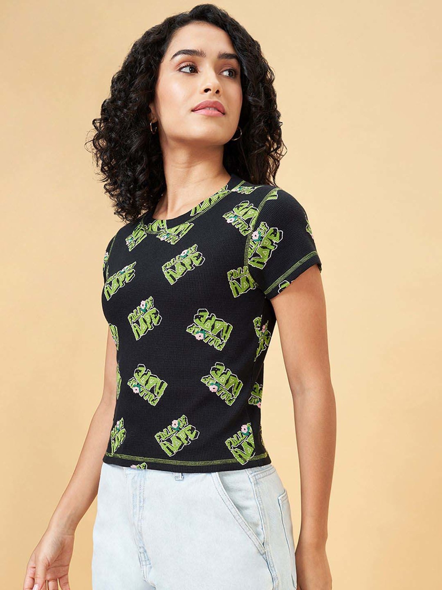 People by Pantaloons Jet Black Printed T-Shirt