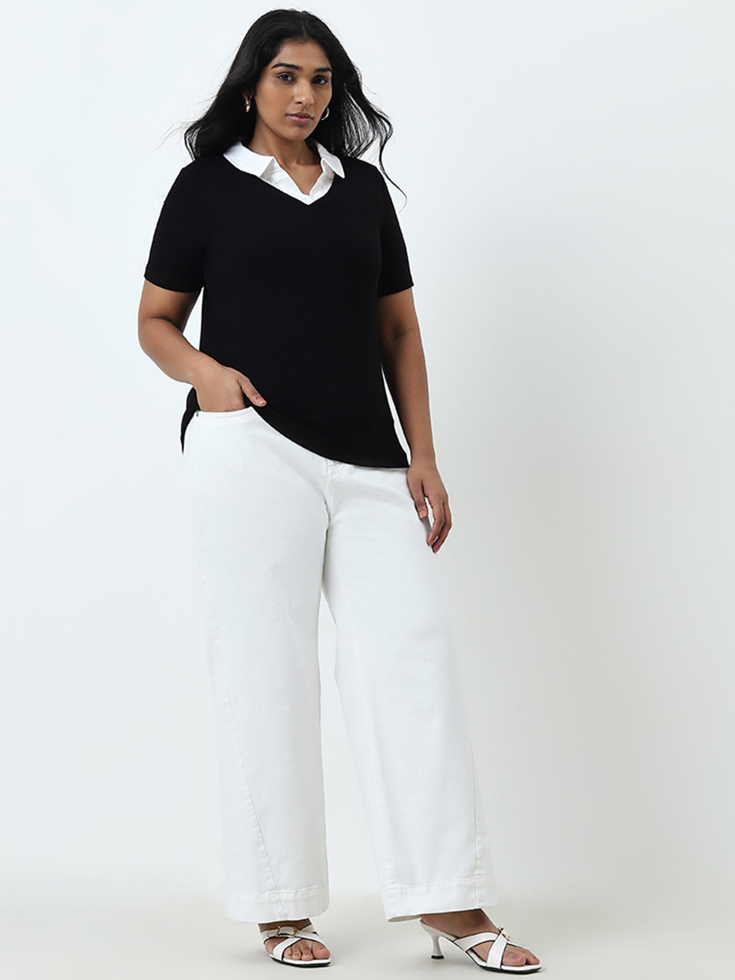 Gia by Westside Black Ribbed Textured T-Shirt