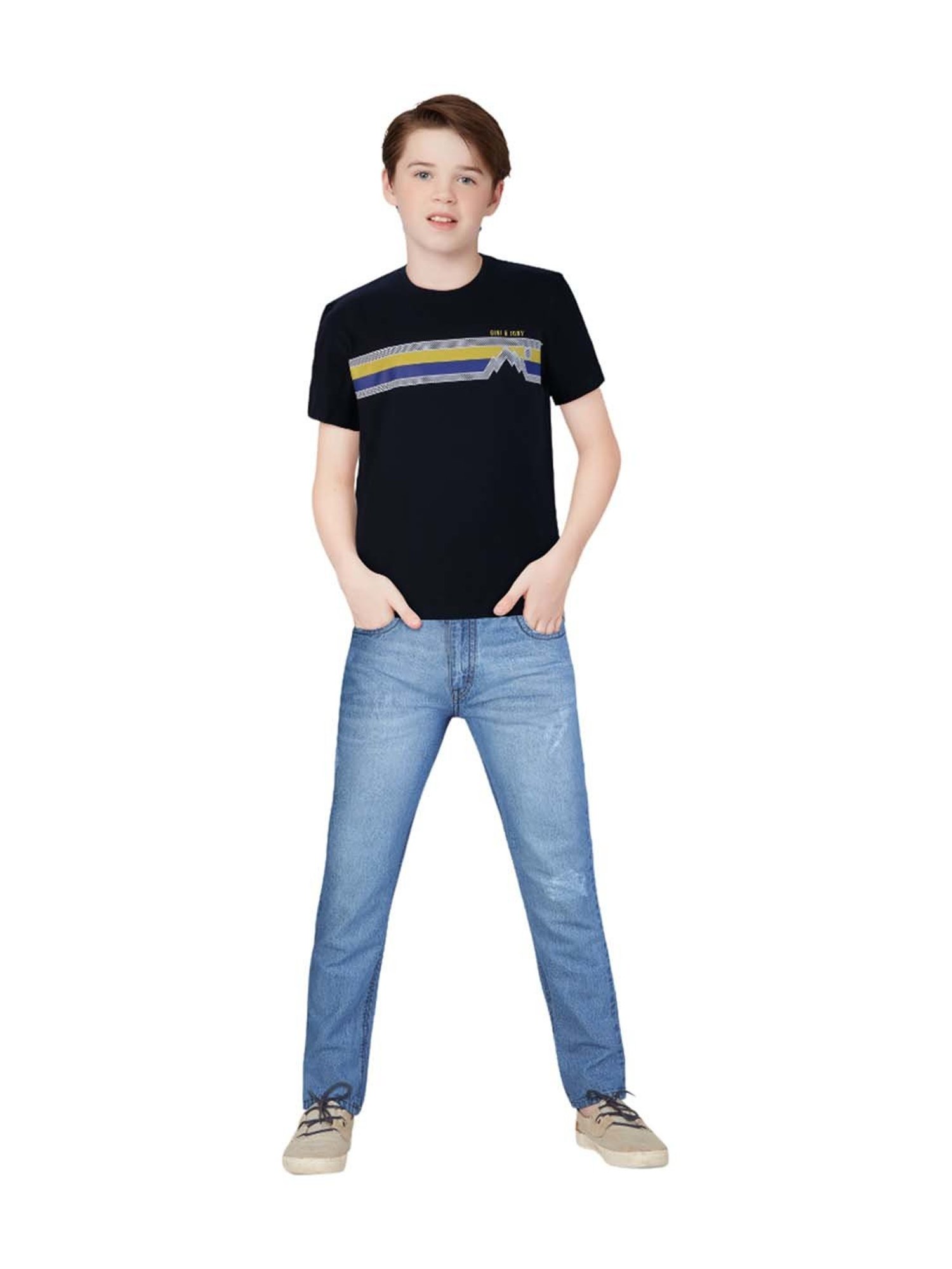 Gini & Jony Kids Black & Blue Printed T-Shirt