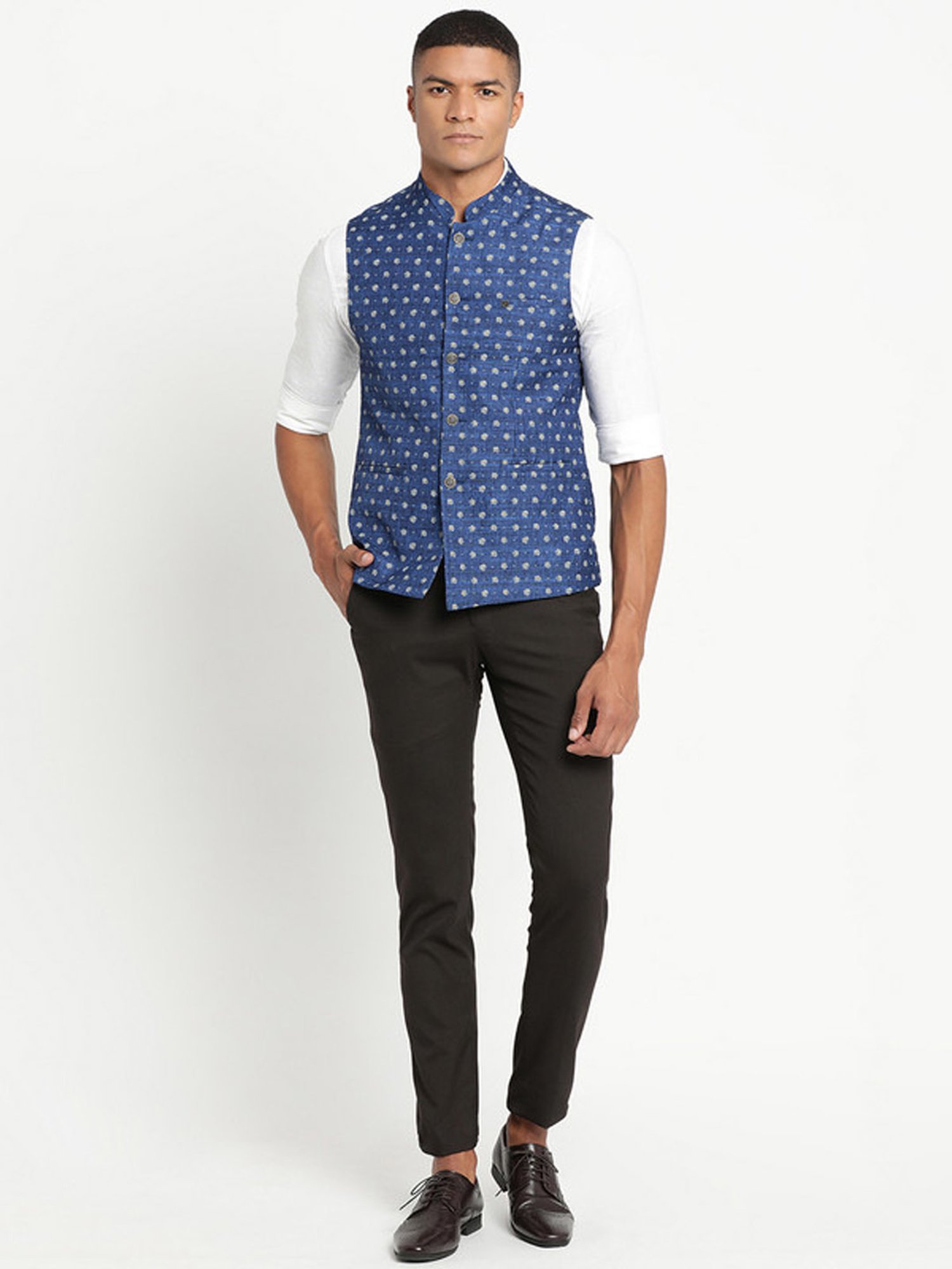Turtle Blue Slim Fit Printed Nehru Jacket