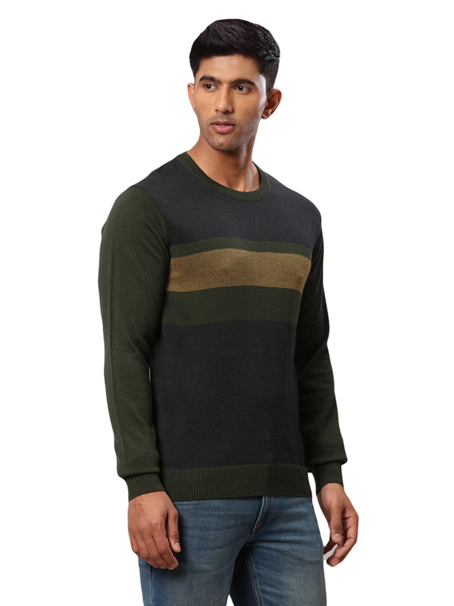 Raymond Green & Blue Regular Fit Colour Block Sweater
