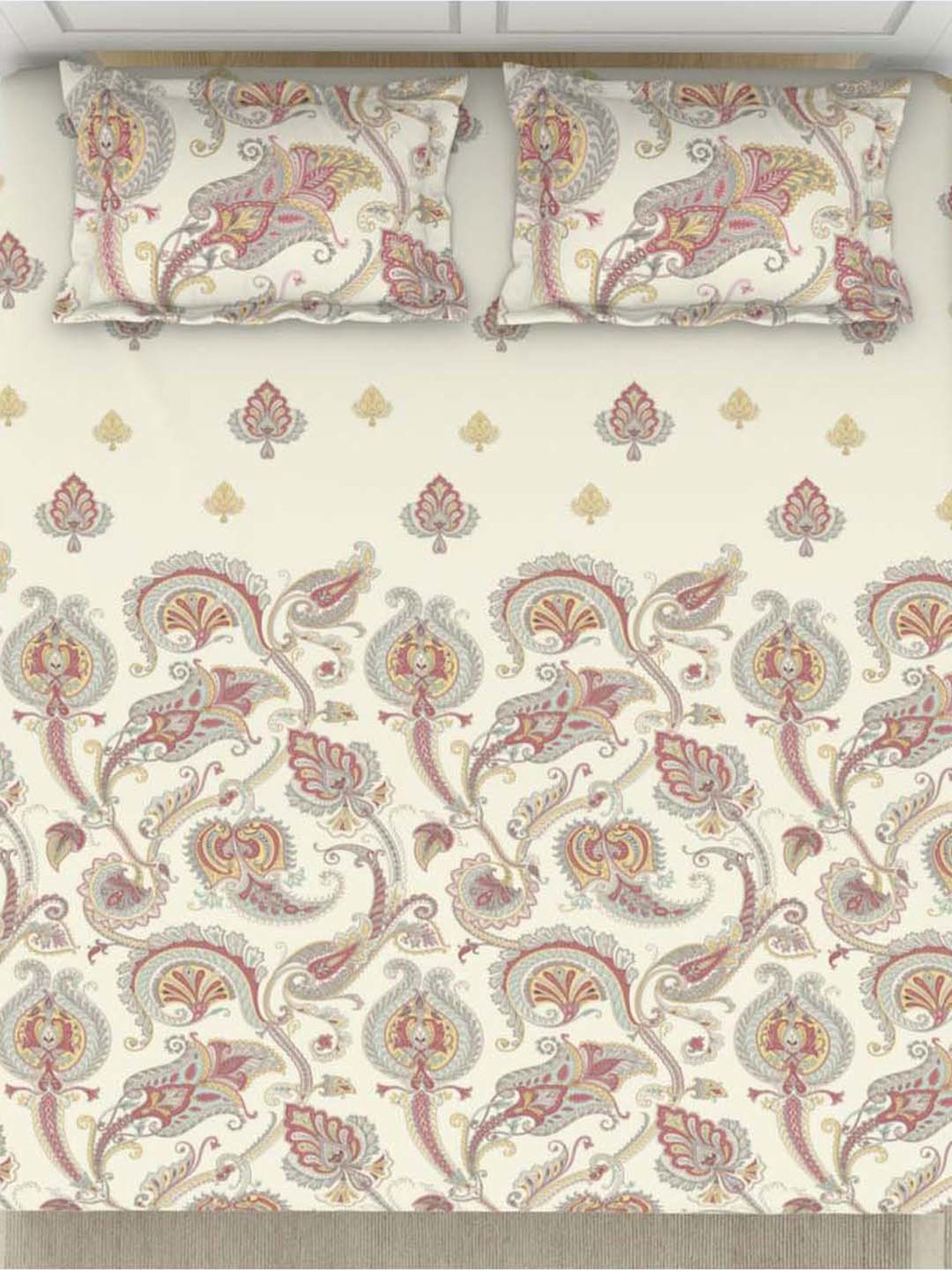 SPACES Bohemia Red & Egret Cotton 144 TC Large King Size Bedsheet With Pillow Covers