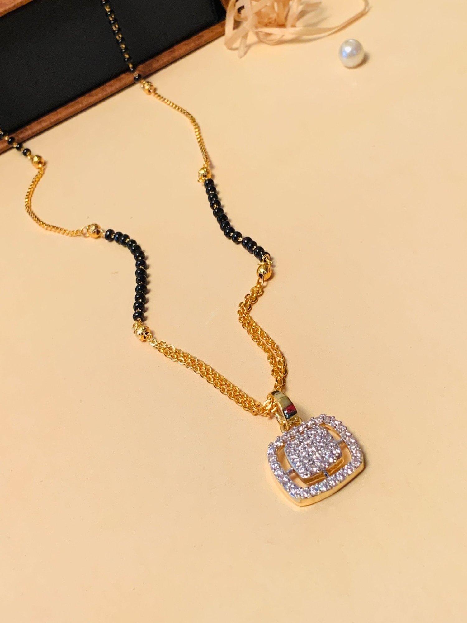 Abdesigns Gold-Plated American Diamond & Black Beaded Mangalsutra