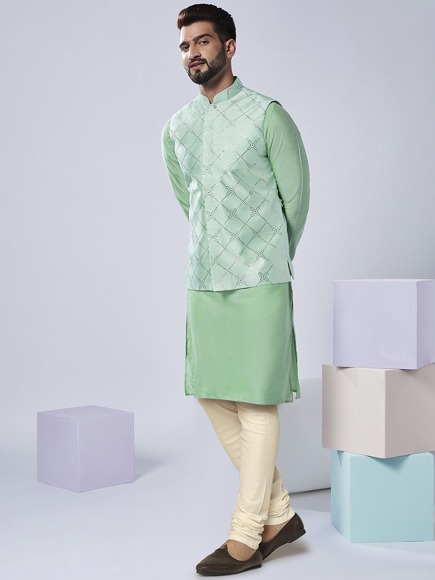 KISAH Sea Green & Cream Regular Fit Embellished Kurta & Churidar With Nehru Jacket