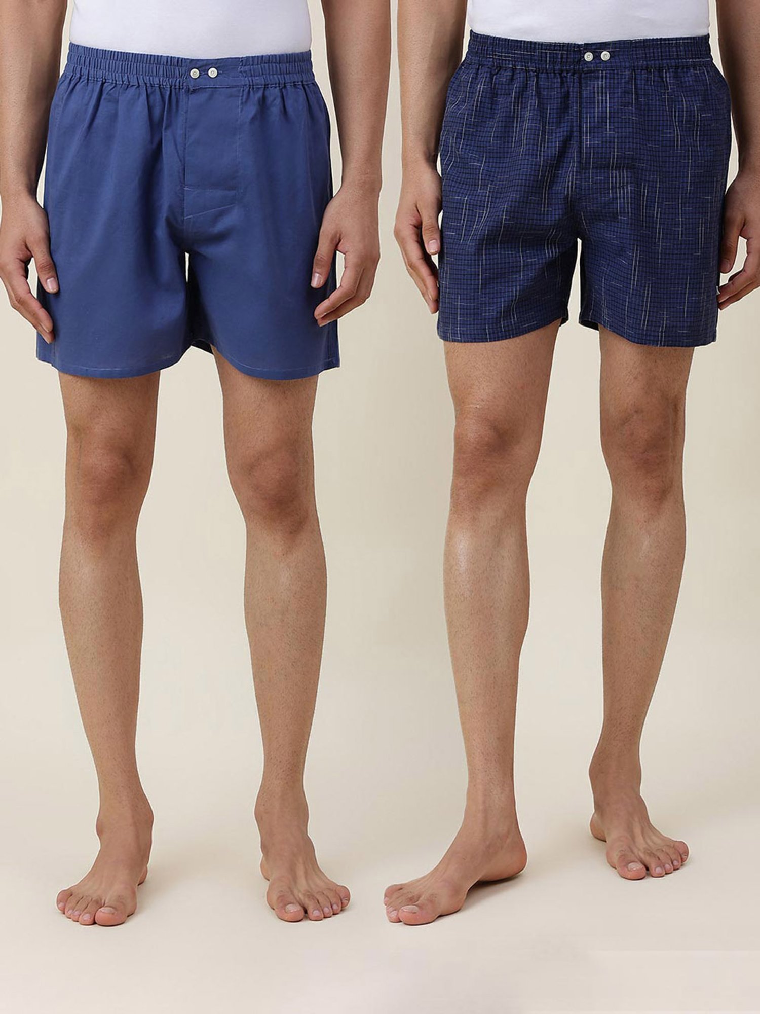 Fabindia Blue Comfort Fit Check Boxer Shorts - Pack of 2