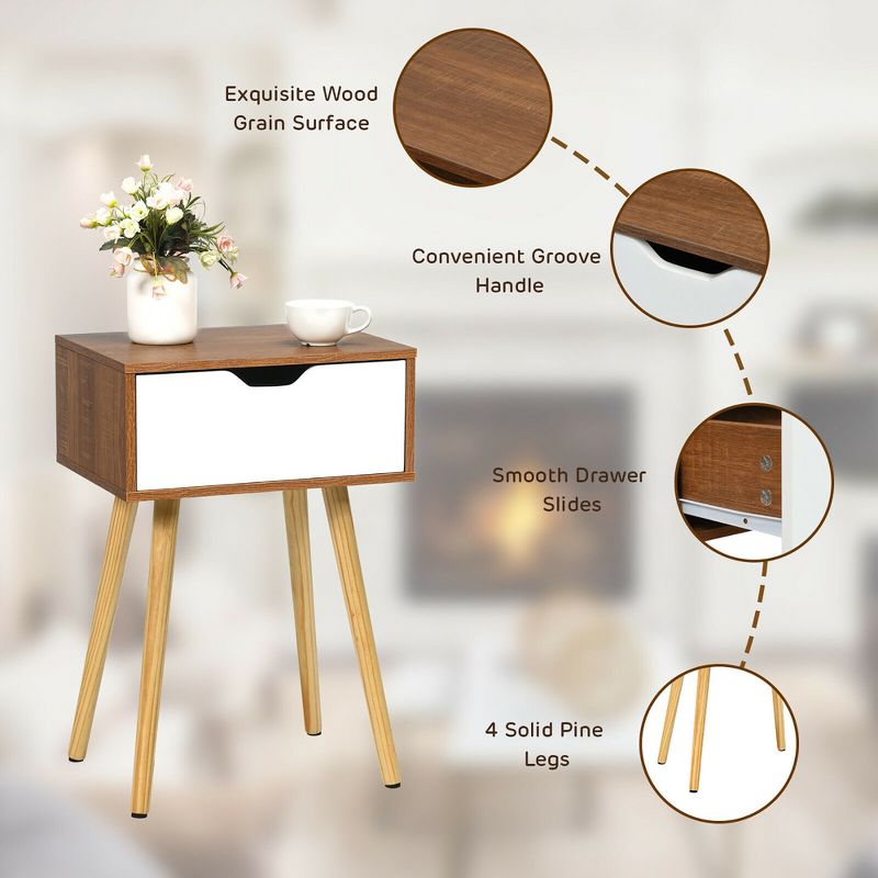 Costway 2PCS Nightstand End Side Sofa Table Storage Drawer Living Room W/Solid Wood Leg