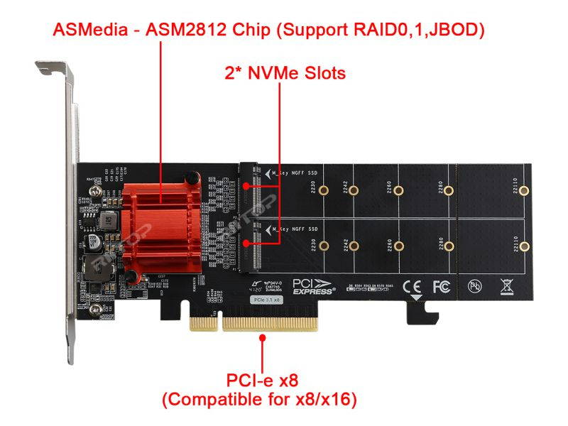 Dual NVMe PCIe Adapter, RIITOP (2 Ports) M.2 NVMe SSD to PCI-e Express 3.1 x8 Expansion Add-on Card