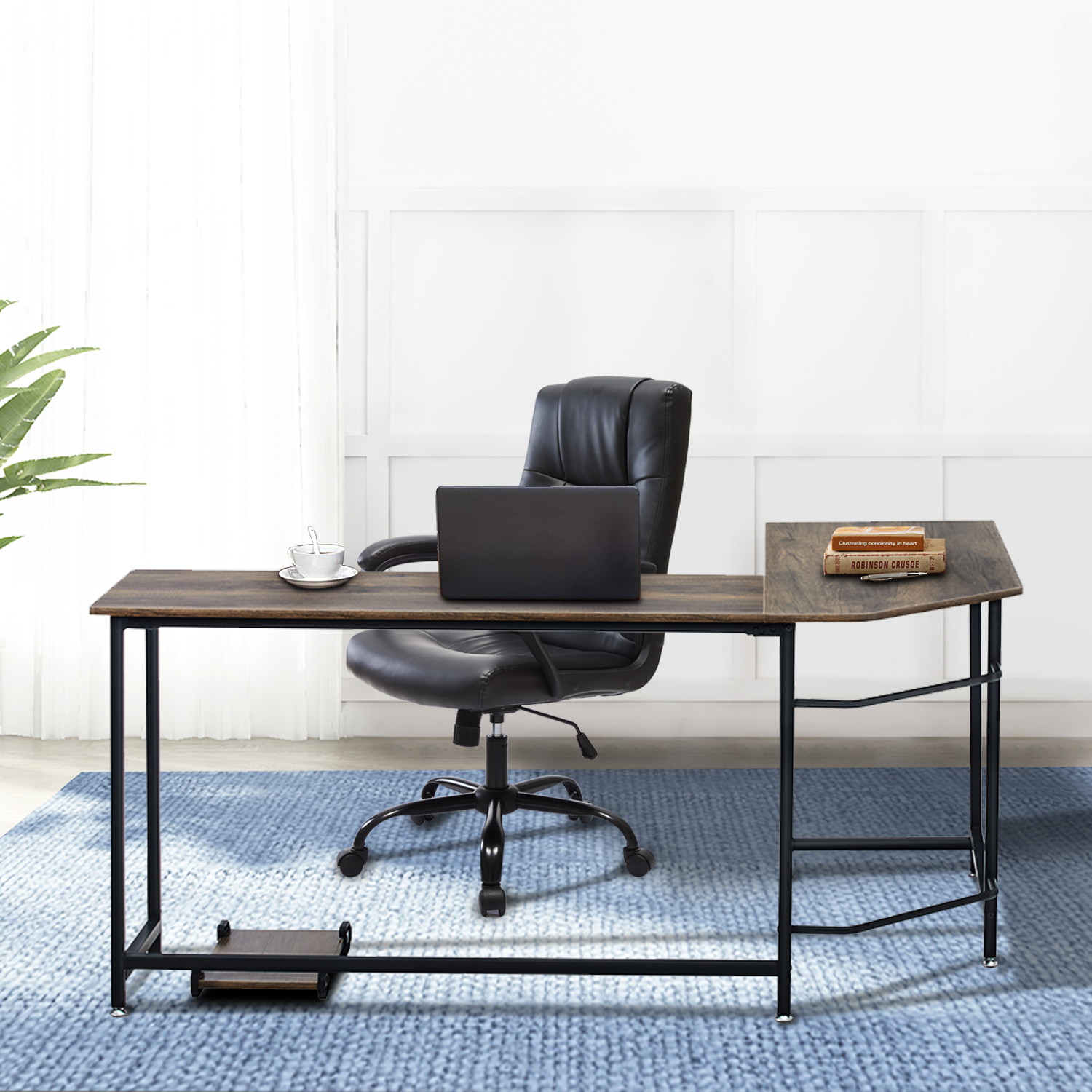 66'' L-shaped Desk Home Office Desk Computer Desk Gaming Desk Large Workstation with CPU Stand and Steel Structure