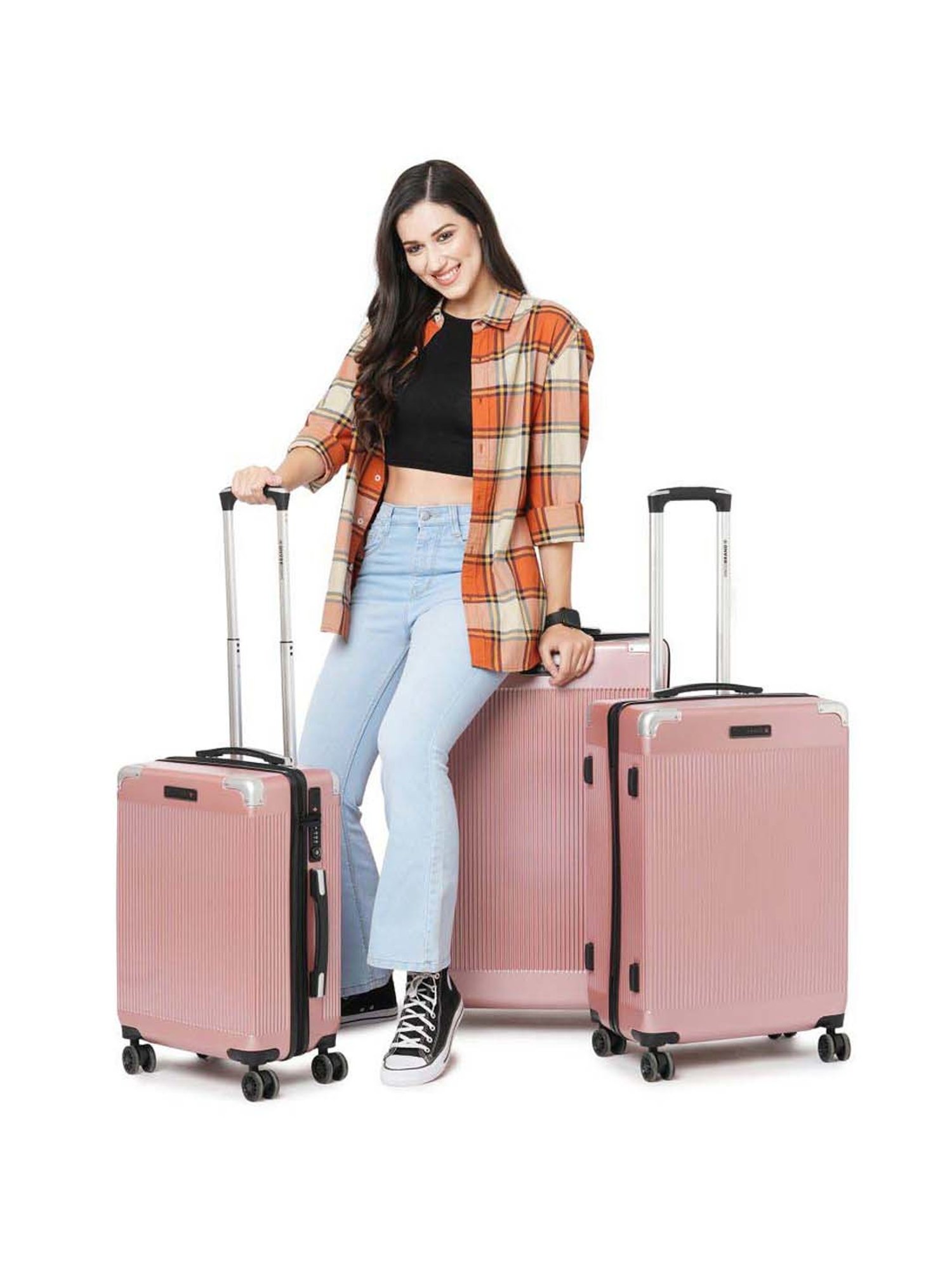 Swiss Brand Geneve Rose Gold Checked 4 Wheel Medium Hard Checked Trolley 66cm