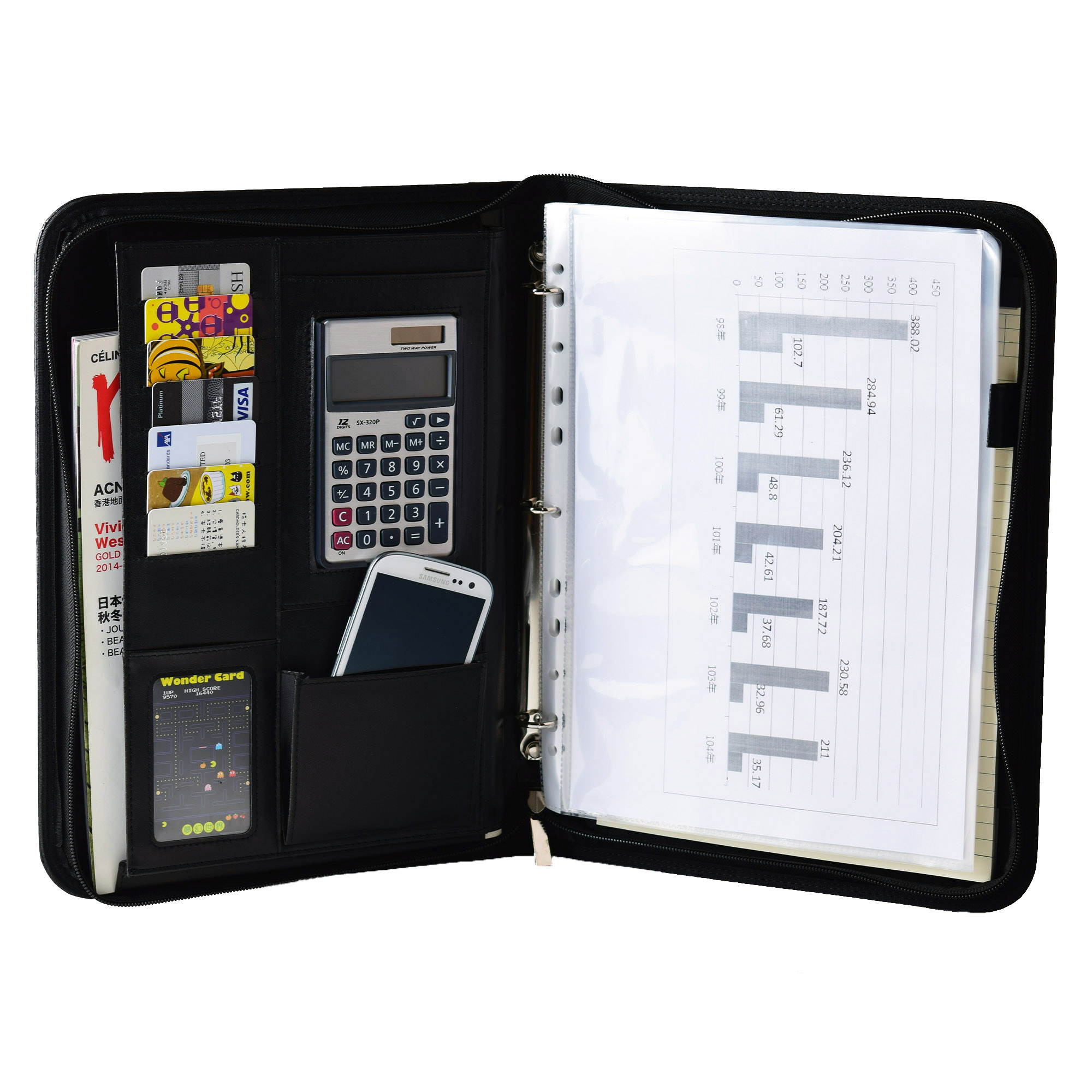 Black PU Leather Padfolio Organizer Documents Holder with Notepad & Calculator
