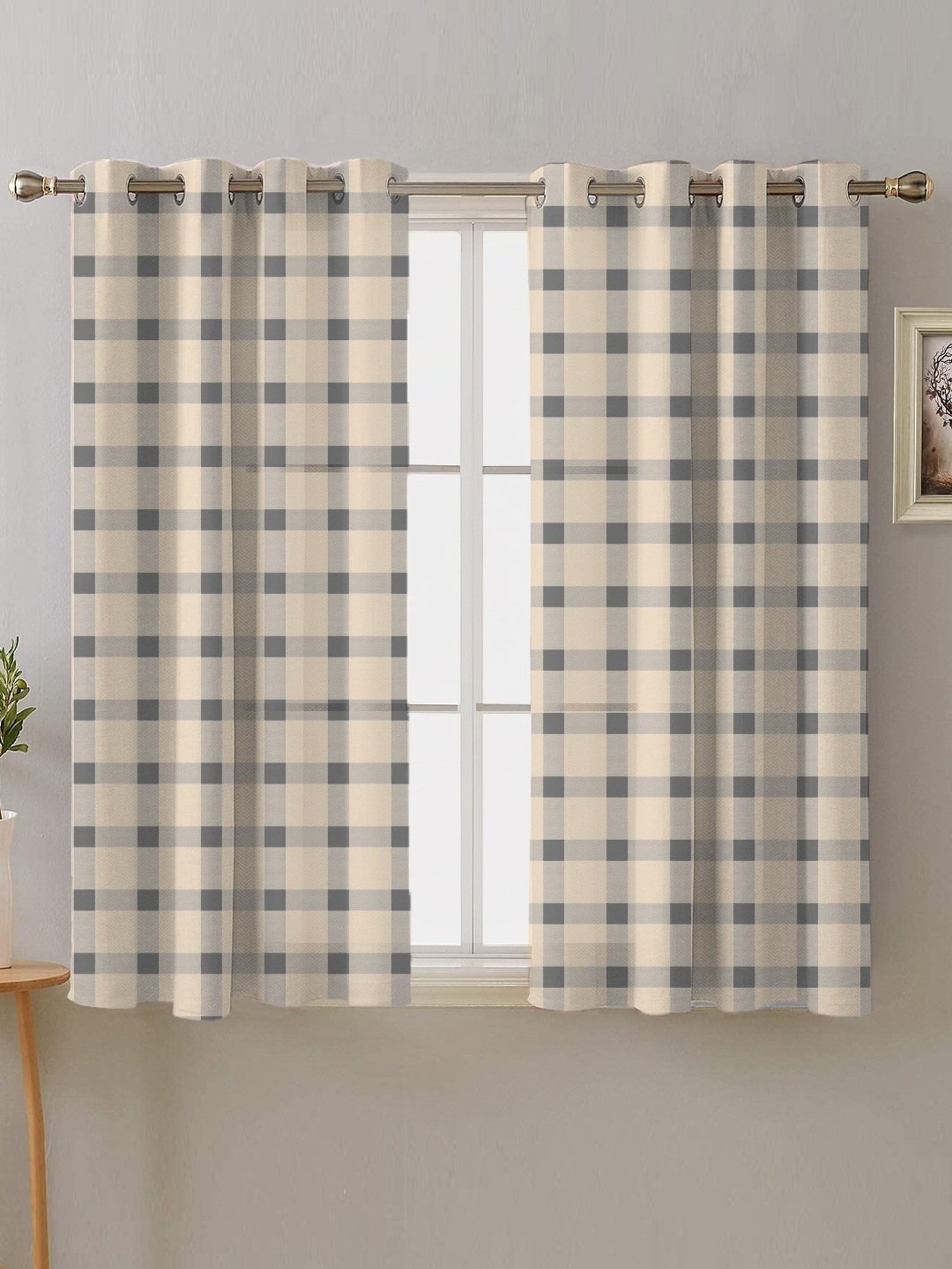 SPACES DRAPE STORY Boho Checks Beige & Grey Polyester 5 ft Window Curtains - Set of 2