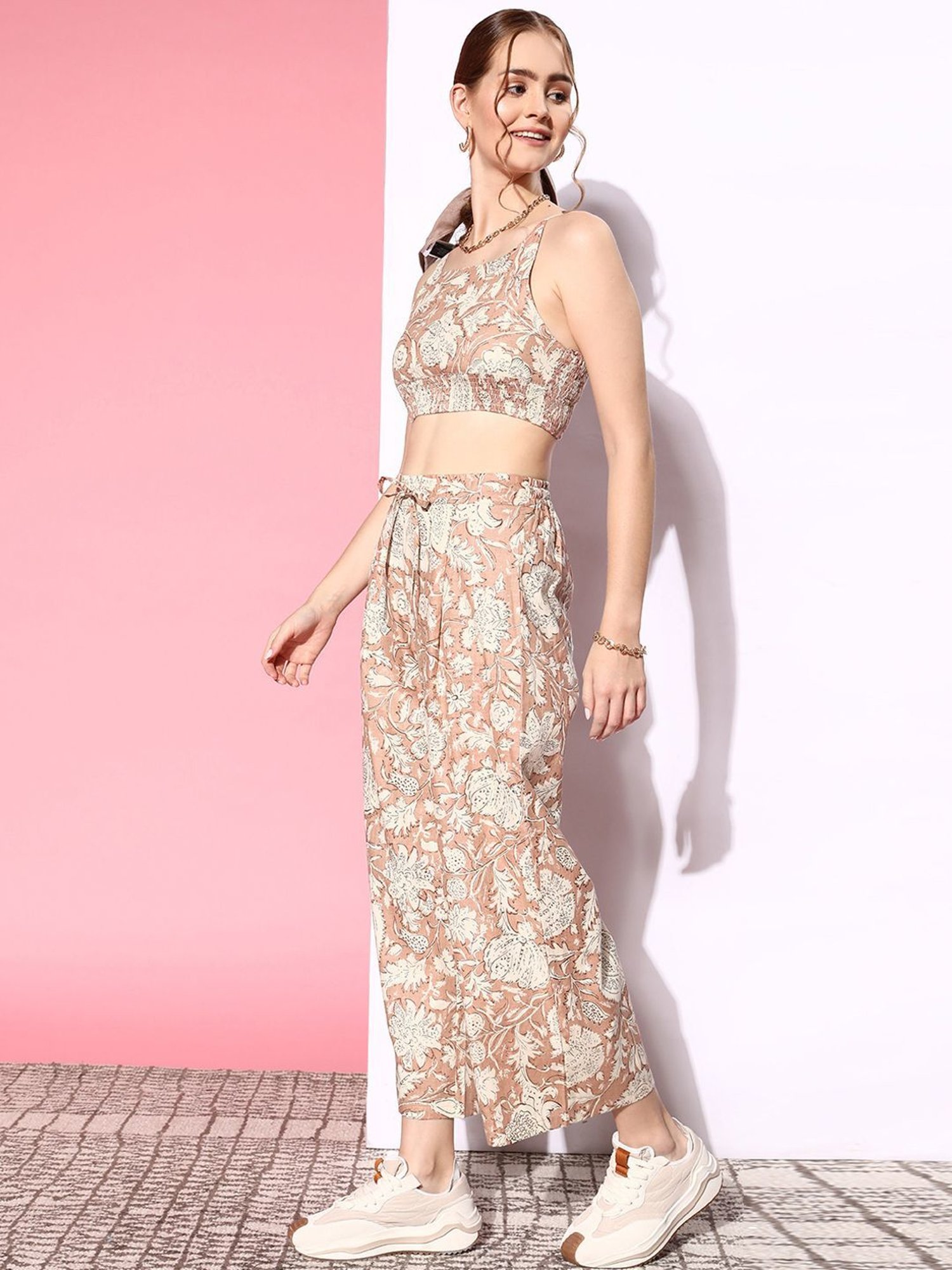 Prakrti Brown Cotton Printed Crop Top Pant Set With Overlay