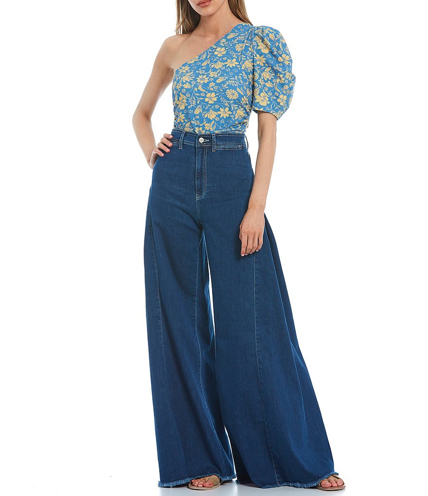 Free People Somethin Bout You Floral One Shoulder Puff Sleeve Bodysuit