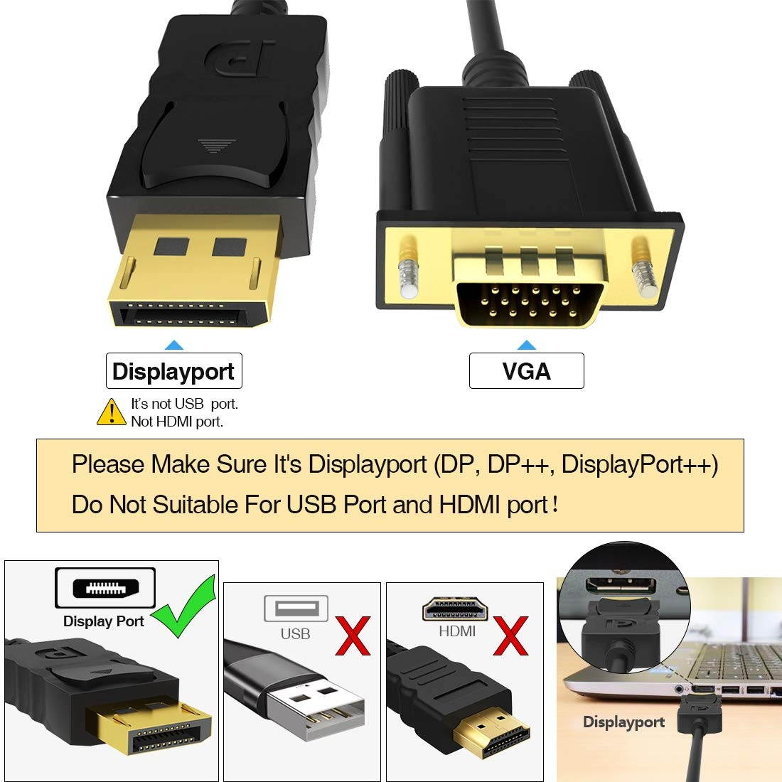 2 Pack DisplayPort to VGA 3 ft and 6 ft DisplayPort to VGA Adapter FOBOIU DP to VGA Cable Connects DP Port from Desktop or Laptop to Monitor or Projector with VGA Port