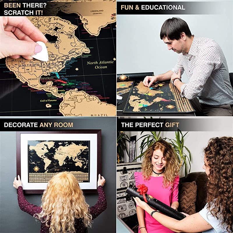 Scratch Off World Map Poster + Deluxe United States Map Includes Complete Accessories Set amp All Country Flags Premium Wall Art Gift for Travelers