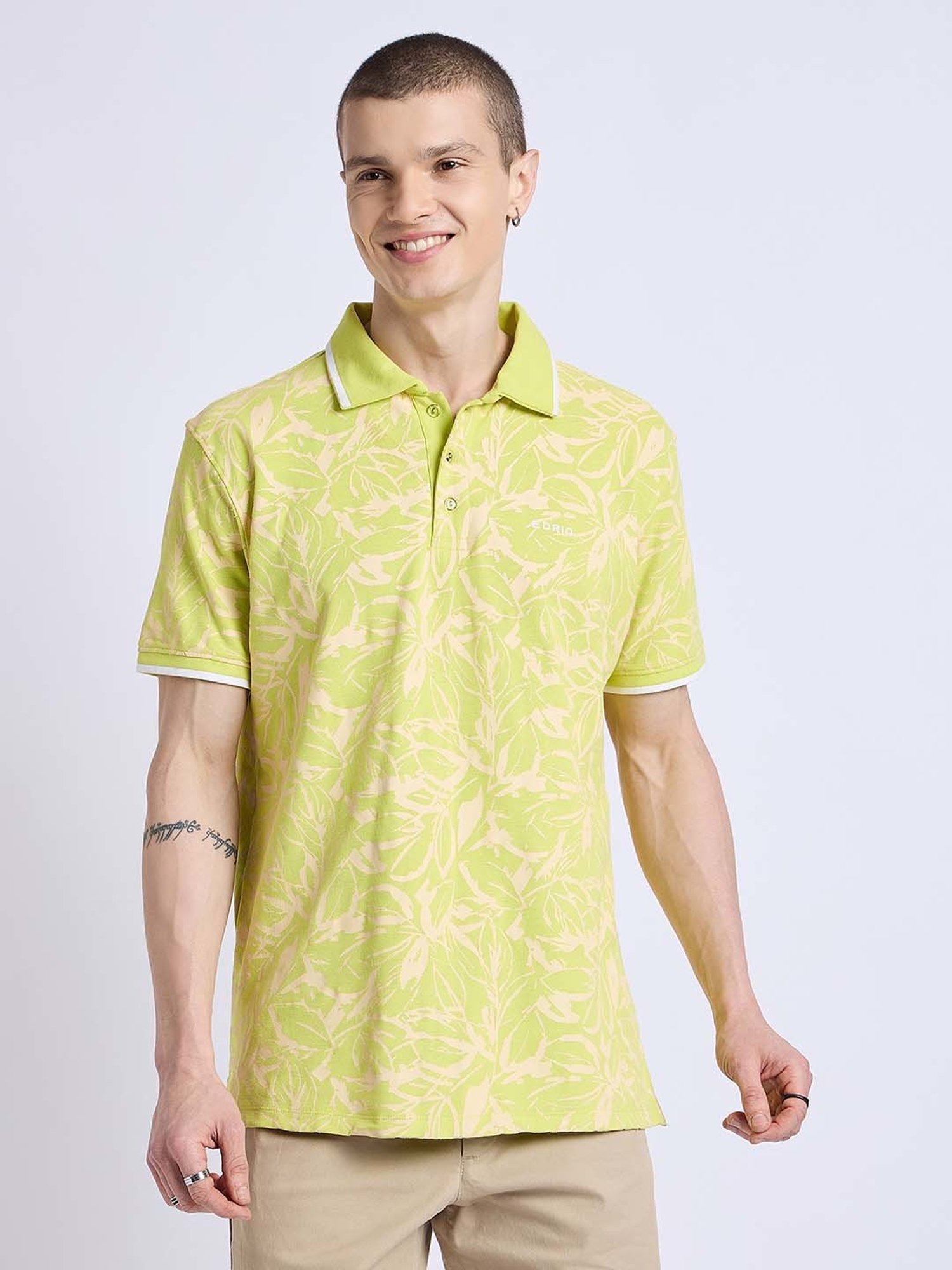 EDRIO Lime Green Regular Fit Printed Polo T-Shirt