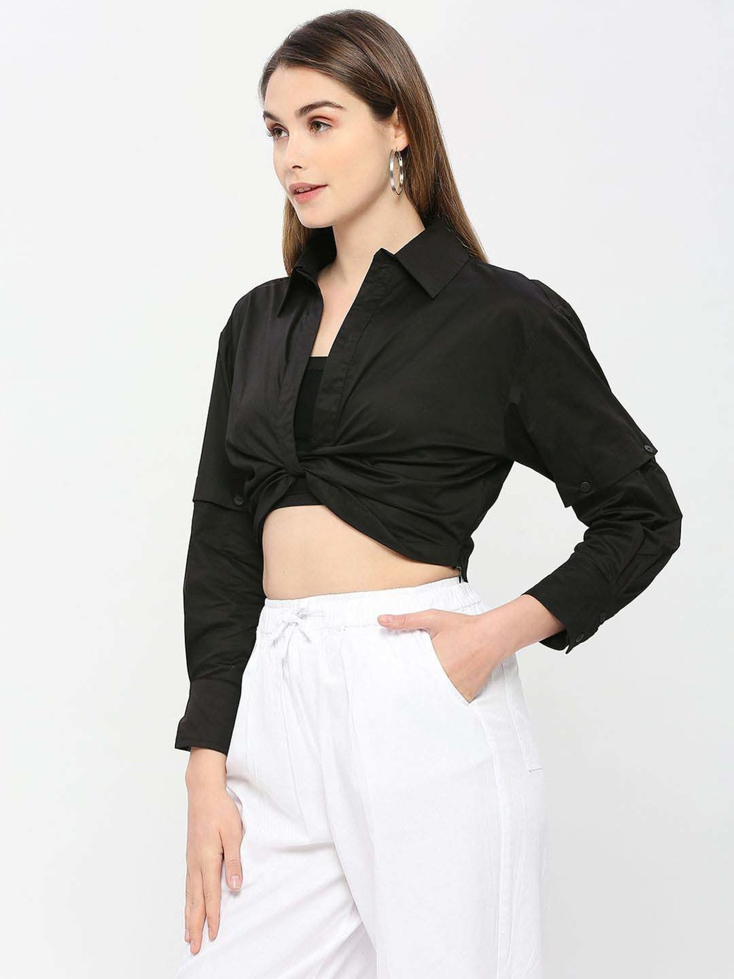 Remanika Black Pure Cotton Cropped Tie Knot Shirt