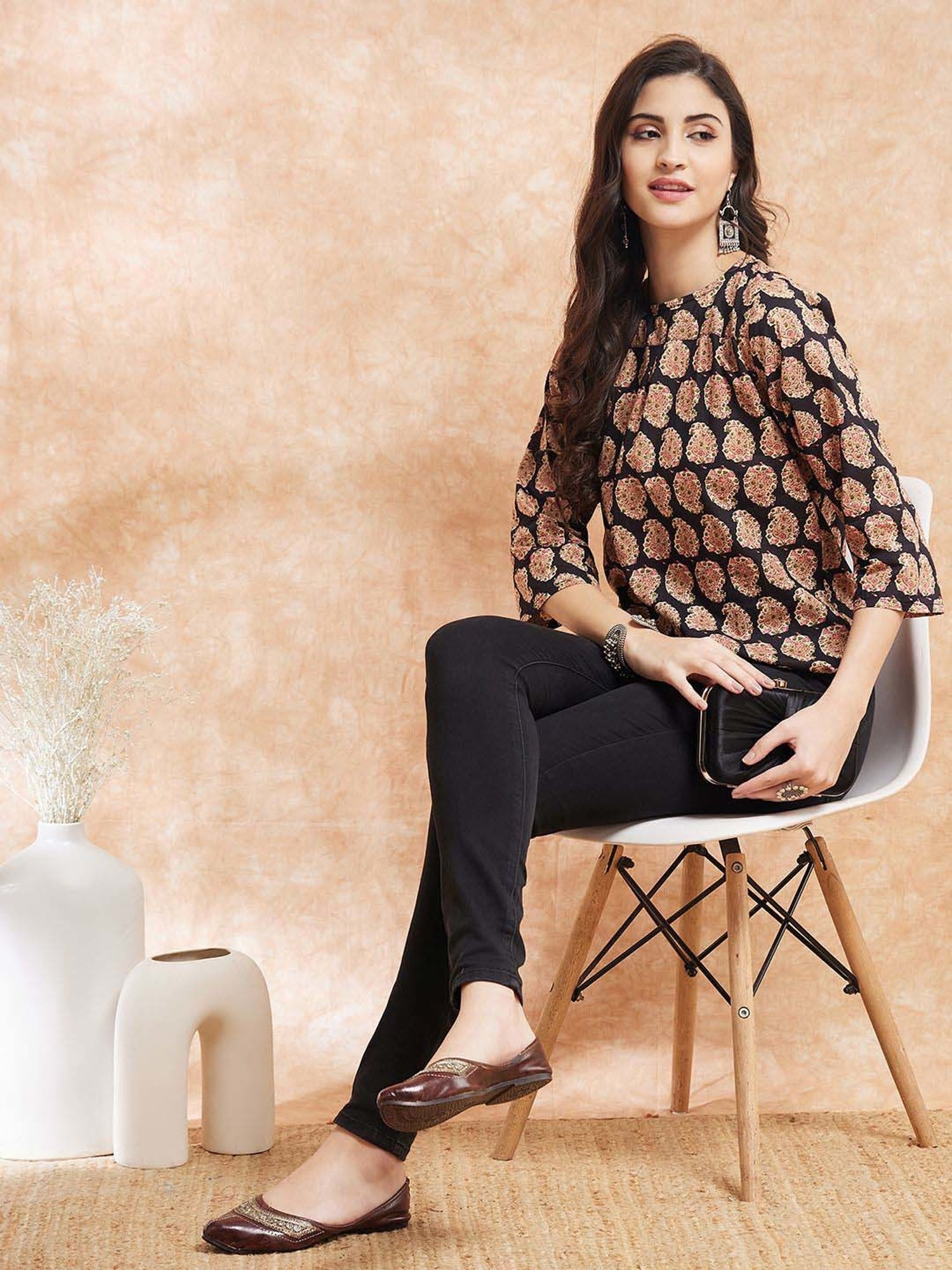 Inweave Black & Beige Printed Top