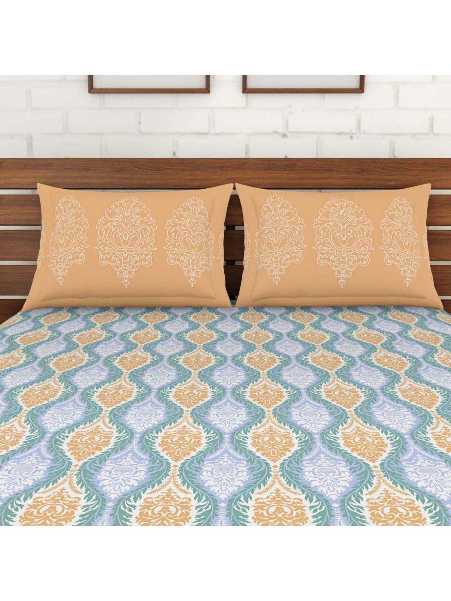 Spaces Atrium Plus Blue & Peach Cotton 210 TC Bed Sheet Set